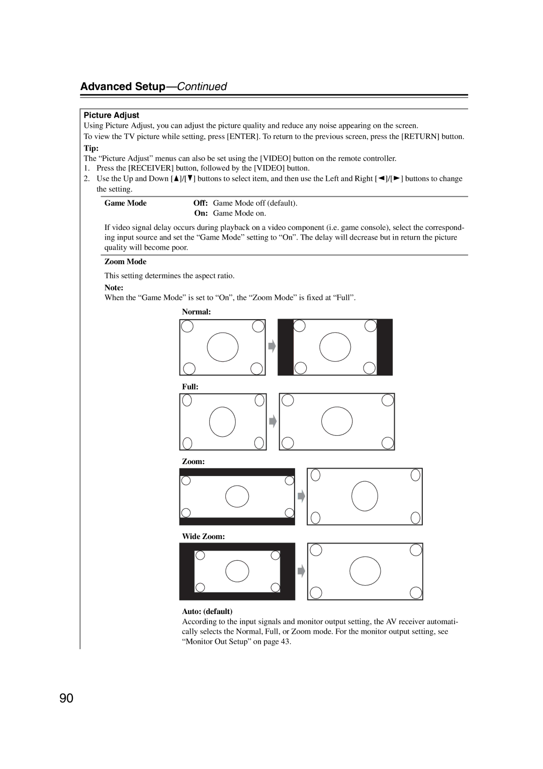 Onkyo TX-SR707 instruction manual Picture Adjust, Game Mode on, Zoom Mode, Normal Full Zoom Wide Zoom Auto default 