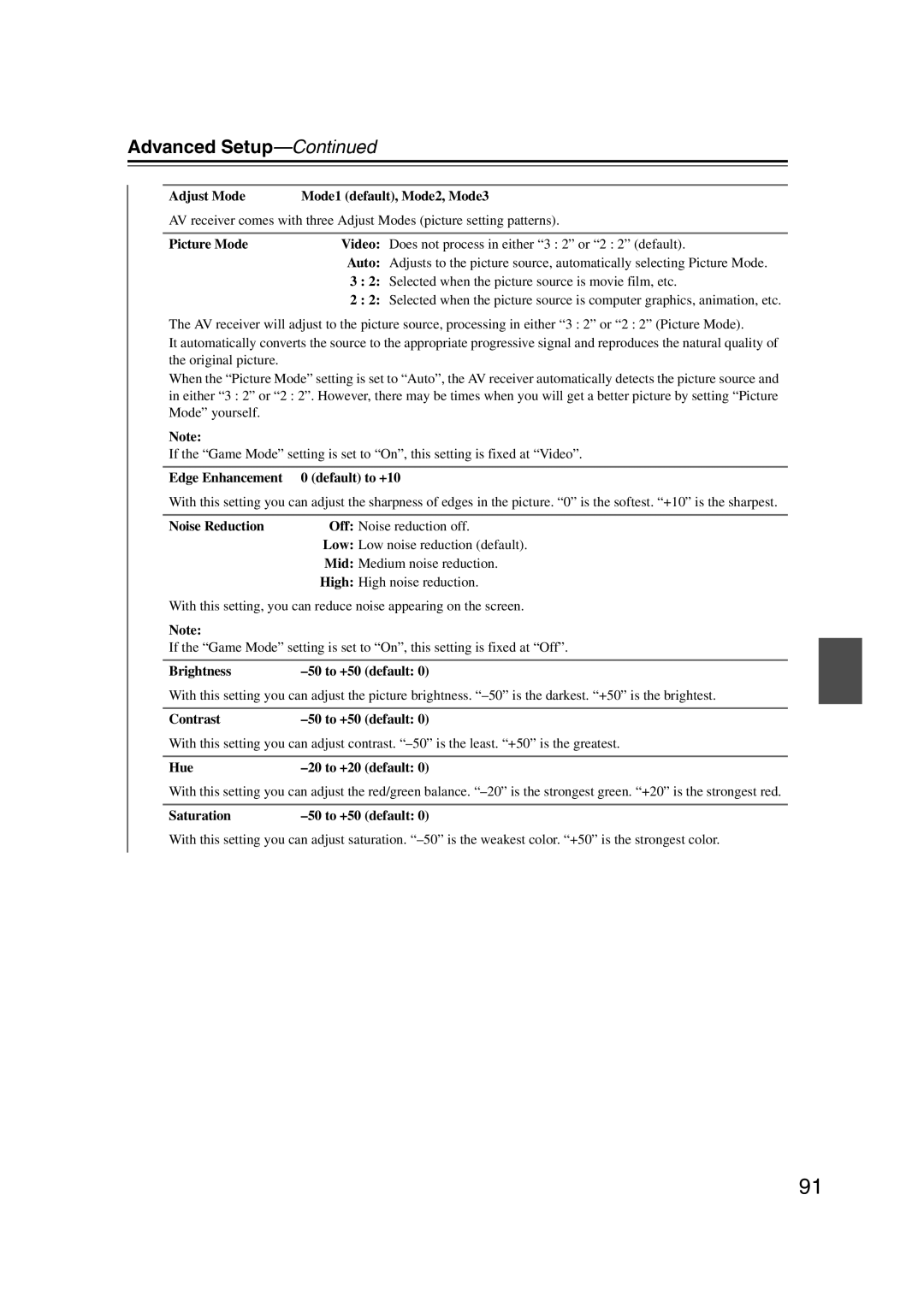 Onkyo TX-SR707 instruction manual Adjust Mode, Edge Enhancement 0 default to +10, Brightness, Contrast, Hue, Saturation 