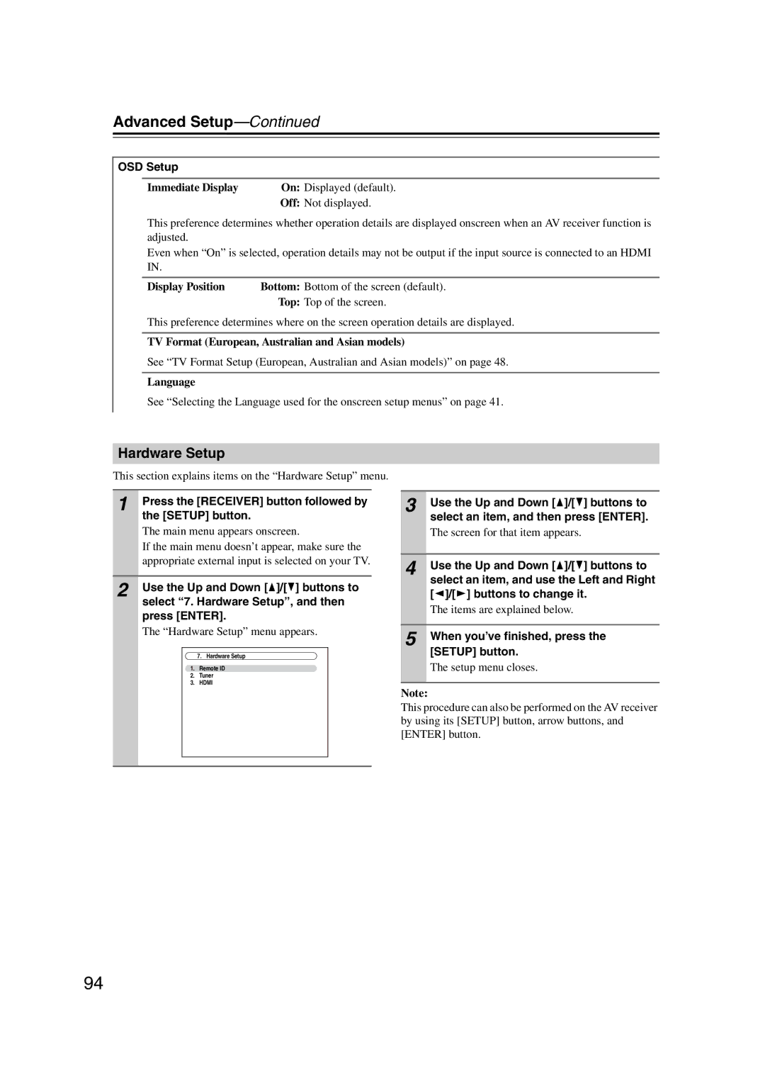 Onkyo TX-SR707 instruction manual Hardware Setup, OSD Setup 