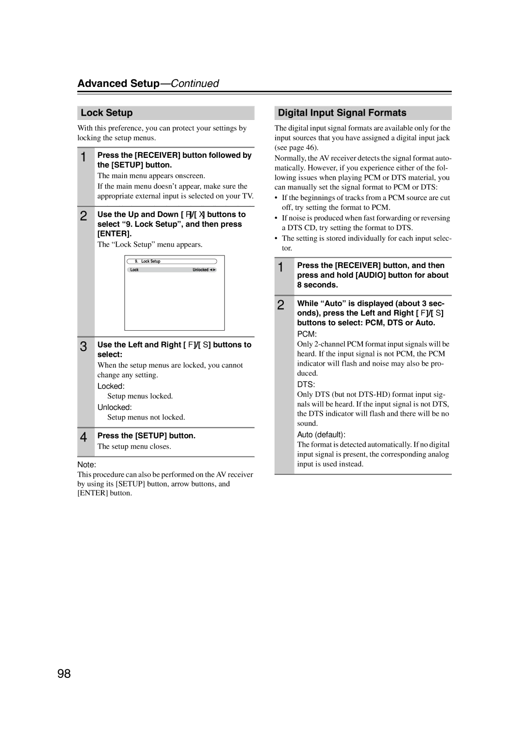 Onkyo TX-SR707 instruction manual Lock Setup, Digital Input Signal Formats, Use the Left and Right e/r buttons to select 