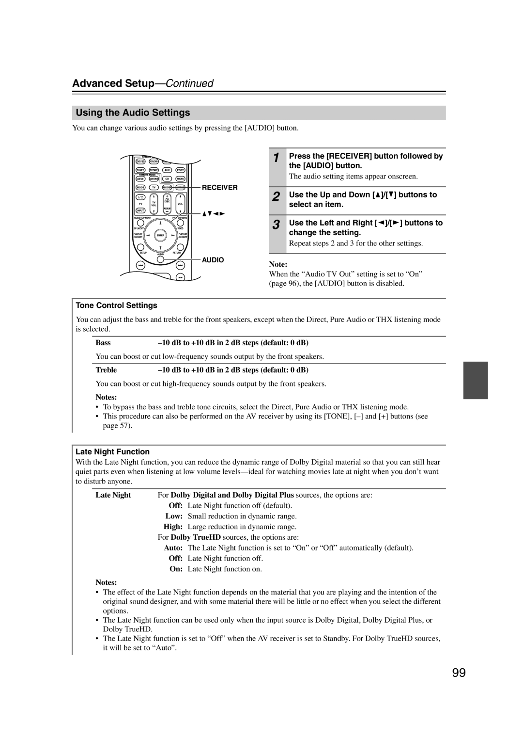 Onkyo TX-SR707 instruction manual Using the Audio Settings 