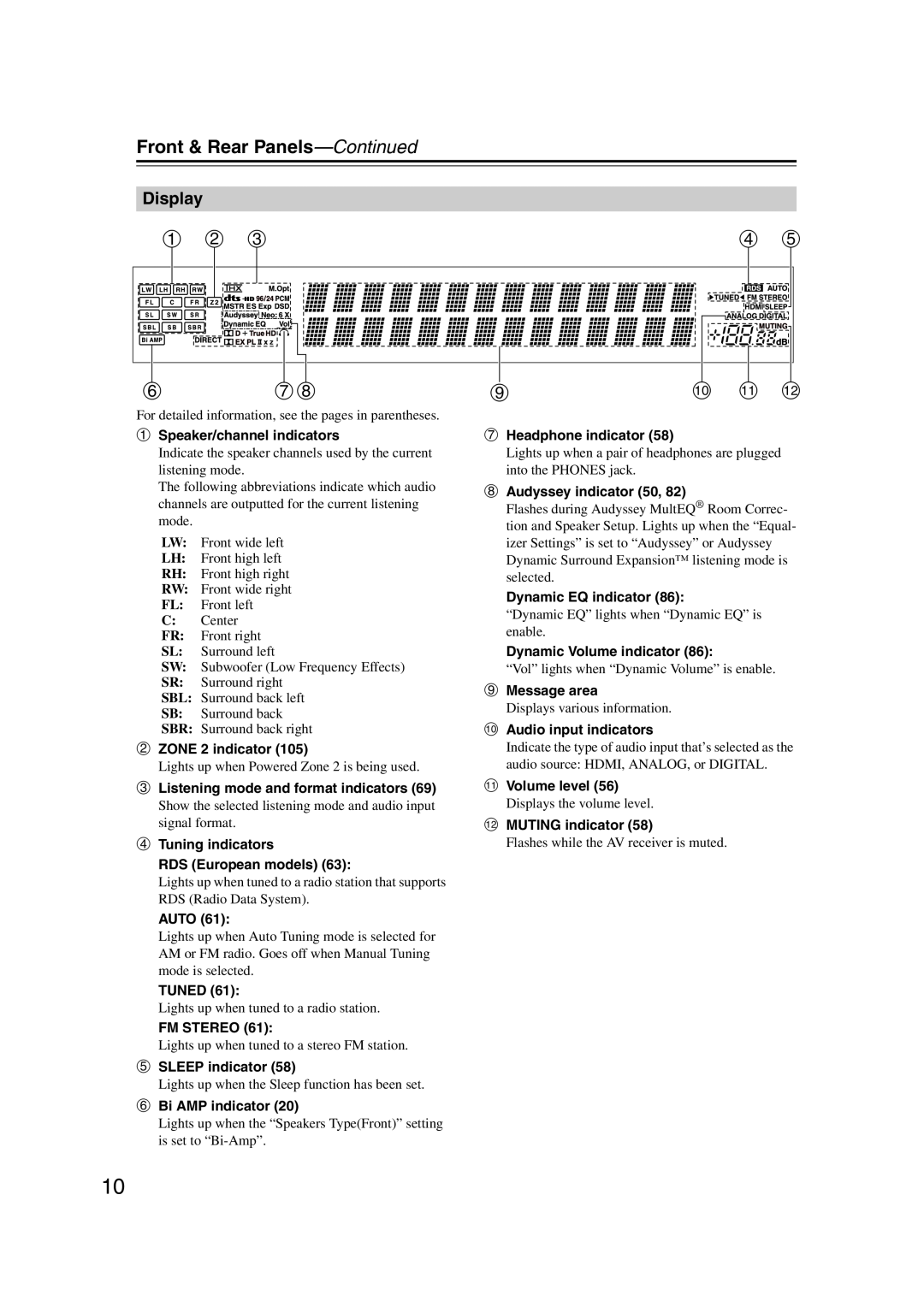 Onkyo TX-SR707 instruction manual a b c, ij k l, Display, Front & Rear Panels—Continued 