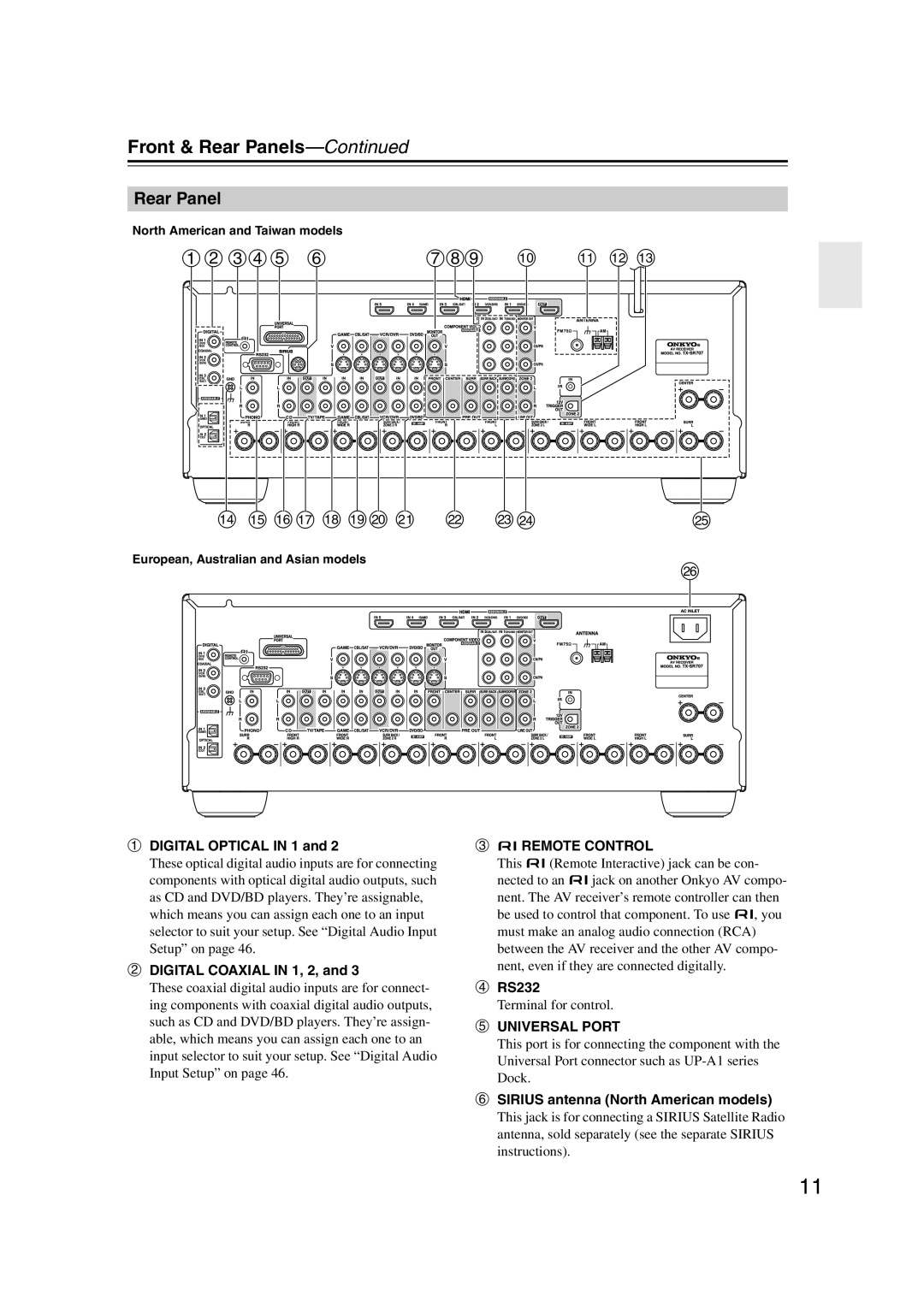 Onkyo TX-SR707 instruction manual ab cde f, n o pq r st u, k l m, Front & Rear Panels-Continued 