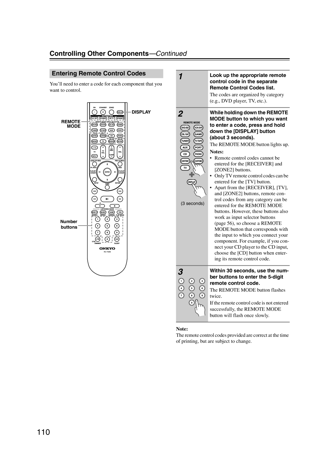 Onkyo TX-SR707 Entering Remote Control Codes, Controlling Other Components—Continued, The codes are organized by category 