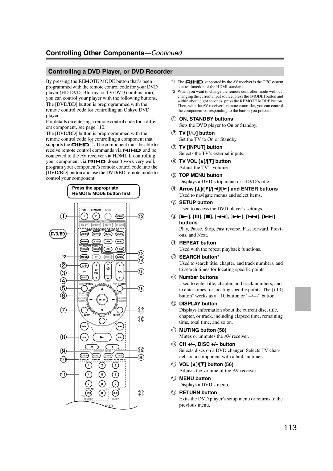 Onkyo TX-SR707 instruction manual bcdef g, m n o p q r, h is, Controlling a DVD Player, or DVD Recorder 