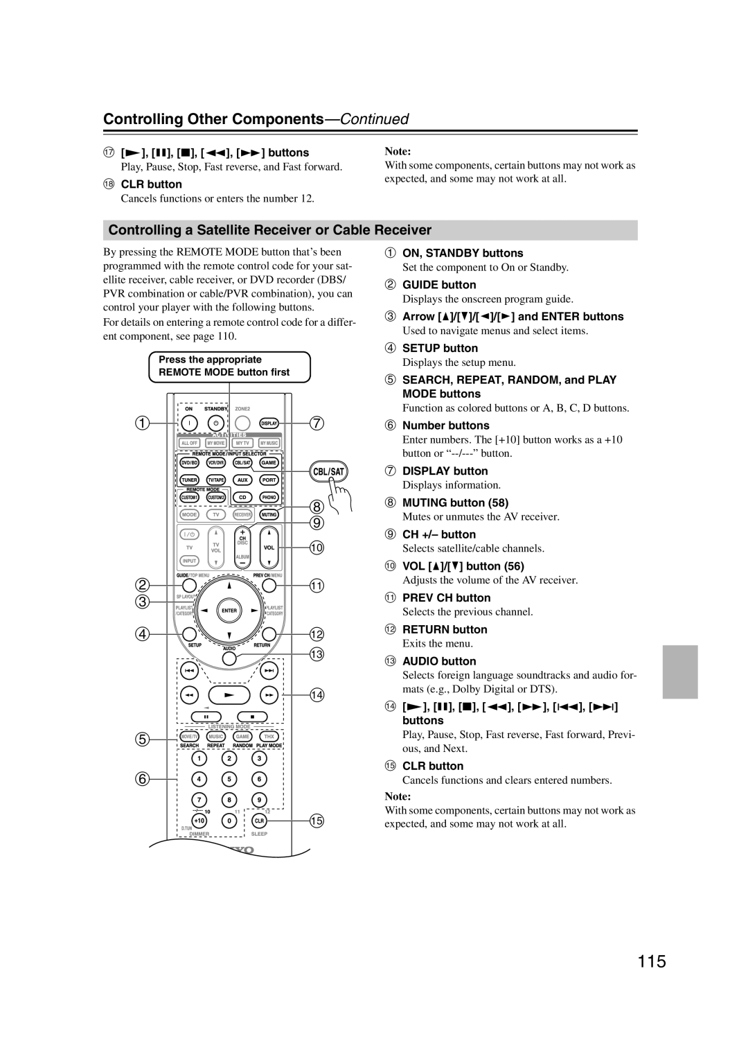 Onkyo TX-SR707 instruction manual ag h i j bk c dl m n, Controlling Other Components—Continued 