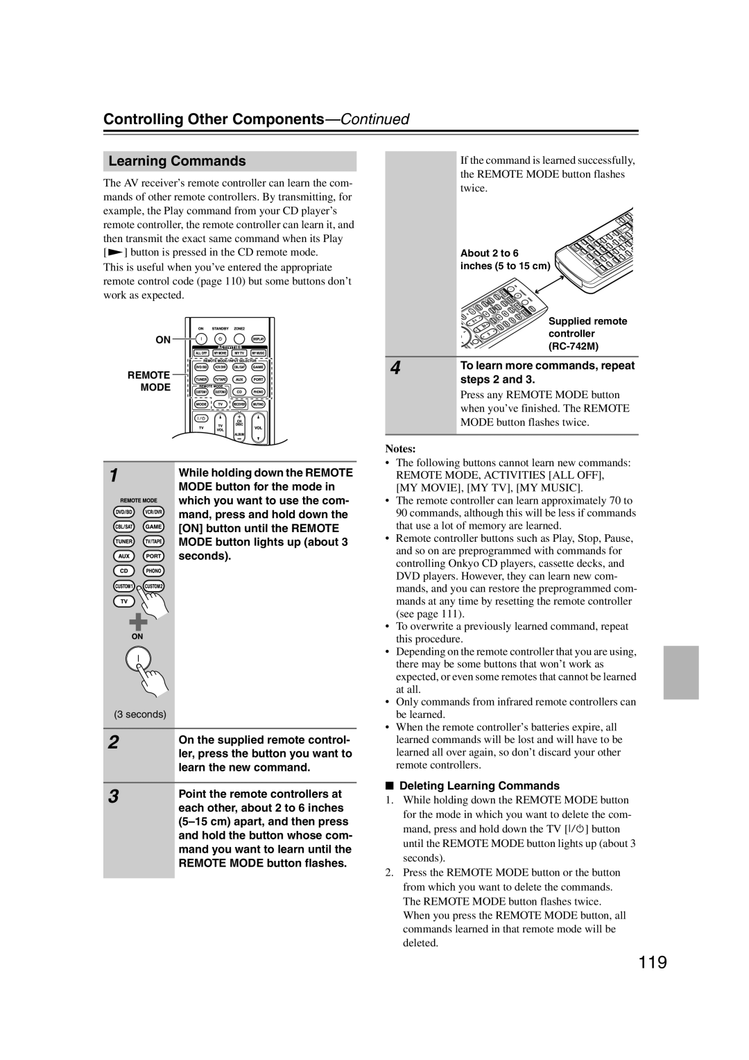 Onkyo TX-SR707 instruction manual Learning Commands, Controlling Other Components—Continued, Notes 