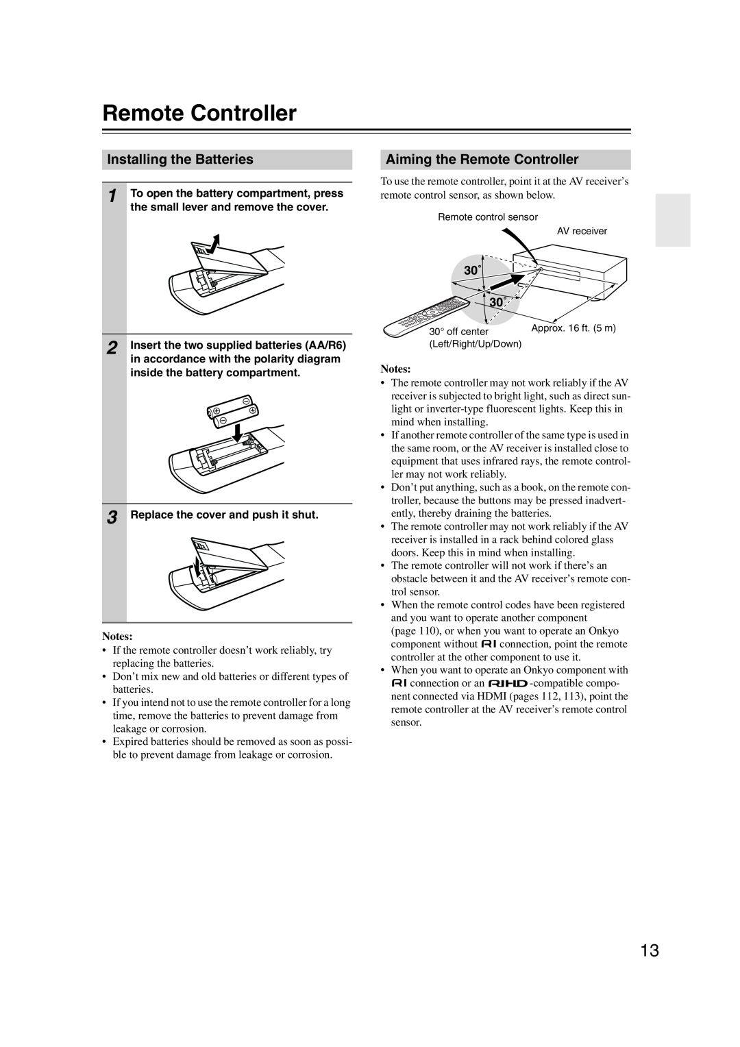 Onkyo TX-SR707 instruction manual Installing the Batteries, Aiming the Remote Controller, Notes 