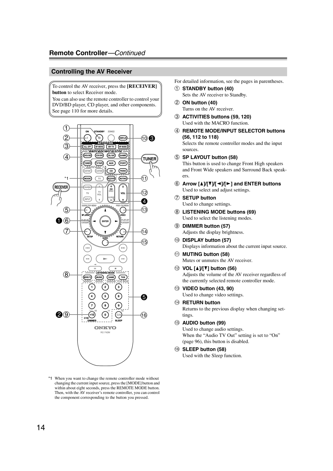 Onkyo TX-SR707 instruction manual Remote Controller—Continued 