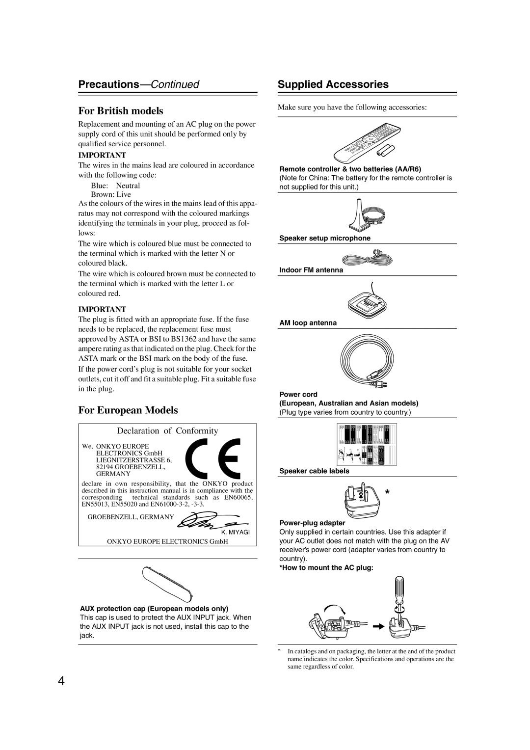 Onkyo TX-SR707 instruction manual Precautions—Continued, For British models, For European Models, Supplied Accessories 