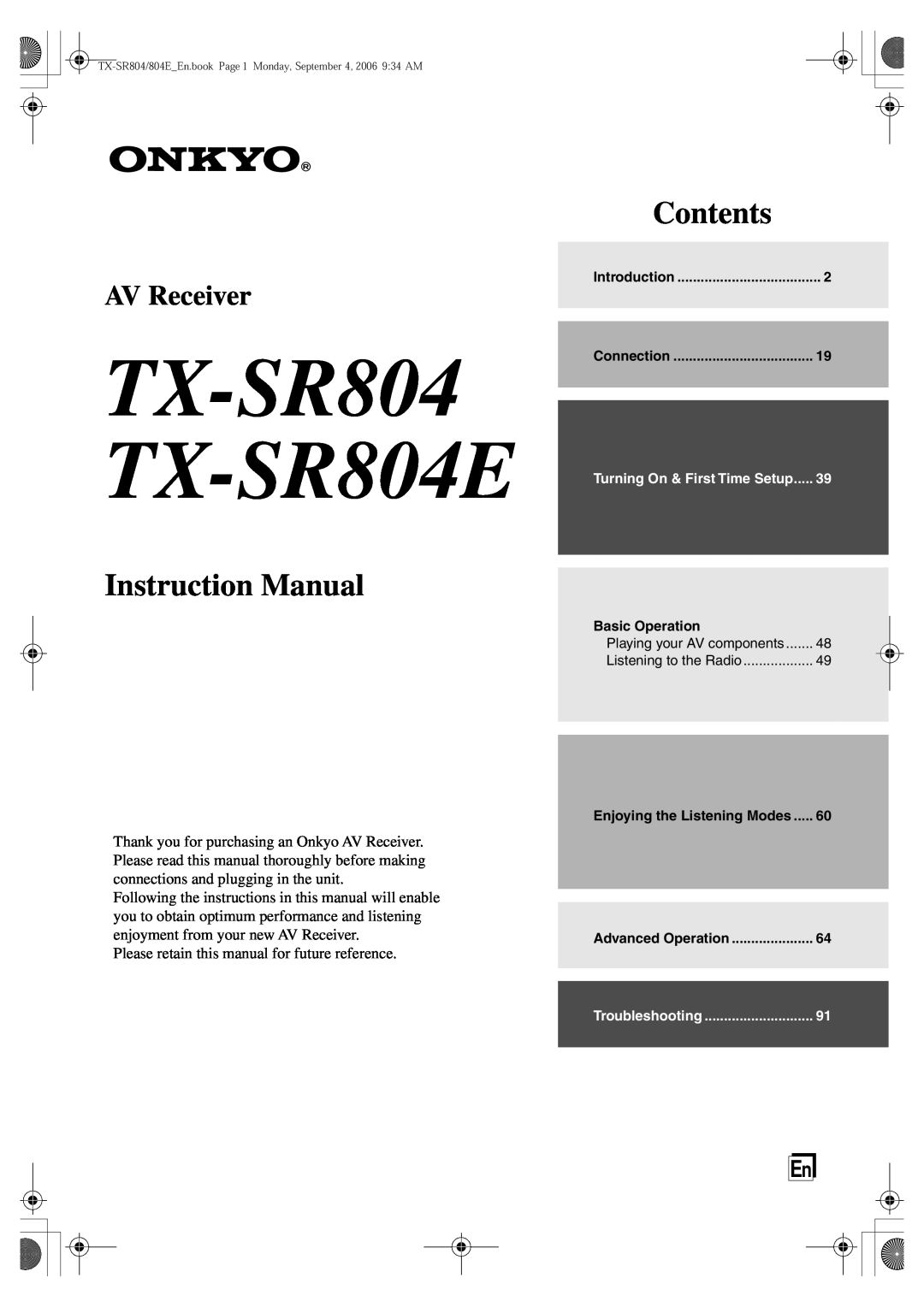 Onkyo instruction manual TX-SR804 TX-SR804E, Instruction Manual, Contents, AV Receiver 