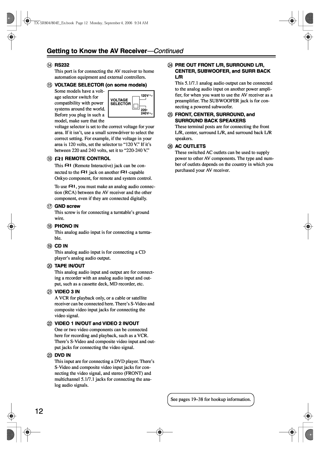 Onkyo TX-SR804E instruction manual Getting to Know the AV Receiver—Continued, NRS232 