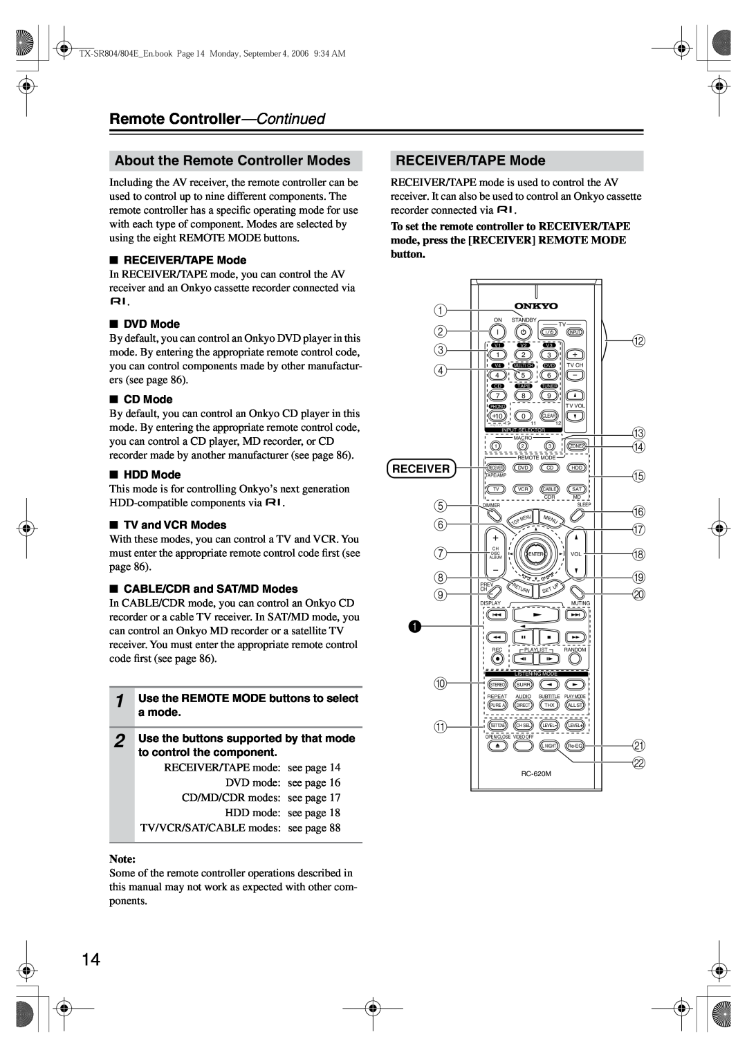 Onkyo TX-SR804E instruction manual Remote Controller—Continued, About the Remote Controller Modes, RECEIVER/TAPE Mode 