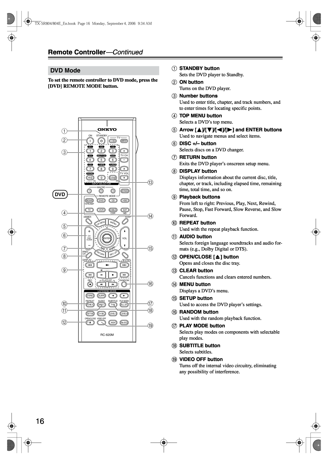 Onkyo TX-SR804E instruction manual DVD Mode, Remote Controller—Continued 