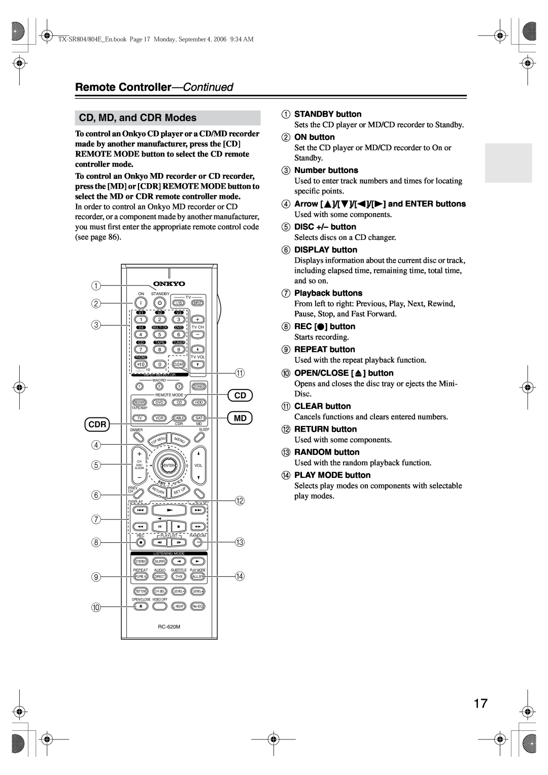 Onkyo TX-SR804E instruction manual CD, MD, and CDR Modes, Remote Controller-Continued 