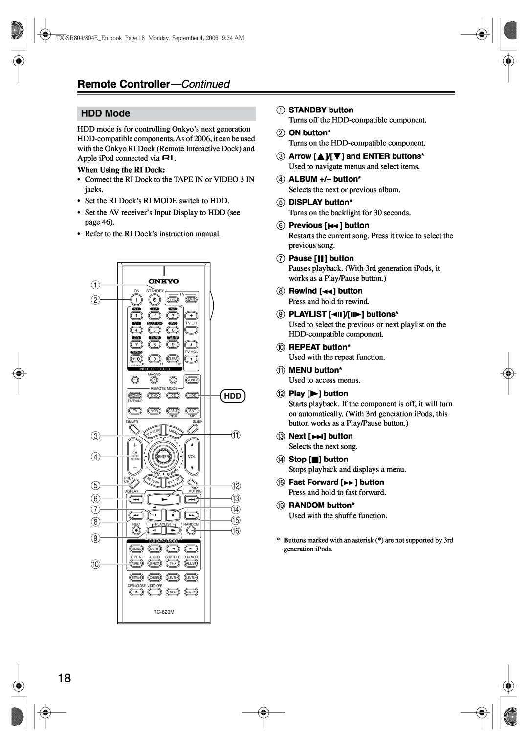 Onkyo TX-SR804E instruction manual HDD Mode, Remote Controller—Continued 
