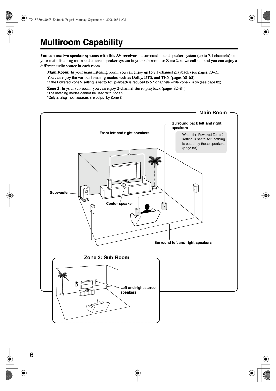 Onkyo TX-SR804E instruction manual Multiroom Capability, Main Room, Zone 2 Sub Room 