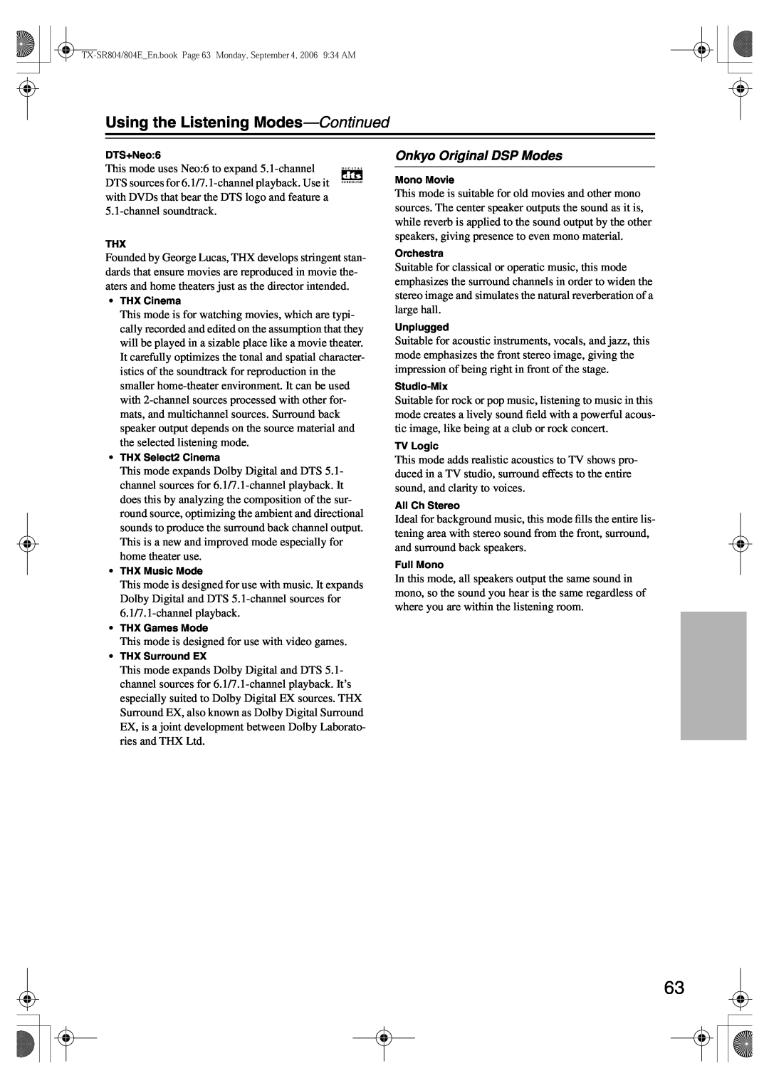 Onkyo TX-SR804E instruction manual Onkyo Original DSP Modes, Using the Listening Modes—Continued 