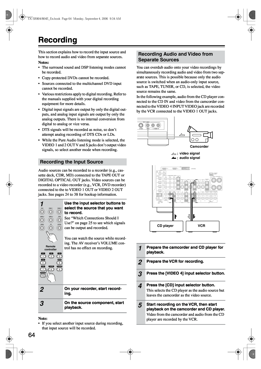 Onkyo TX-SR804E instruction manual Recording the Input Source, Recording Audio and Video from Separate Sources, Notes 