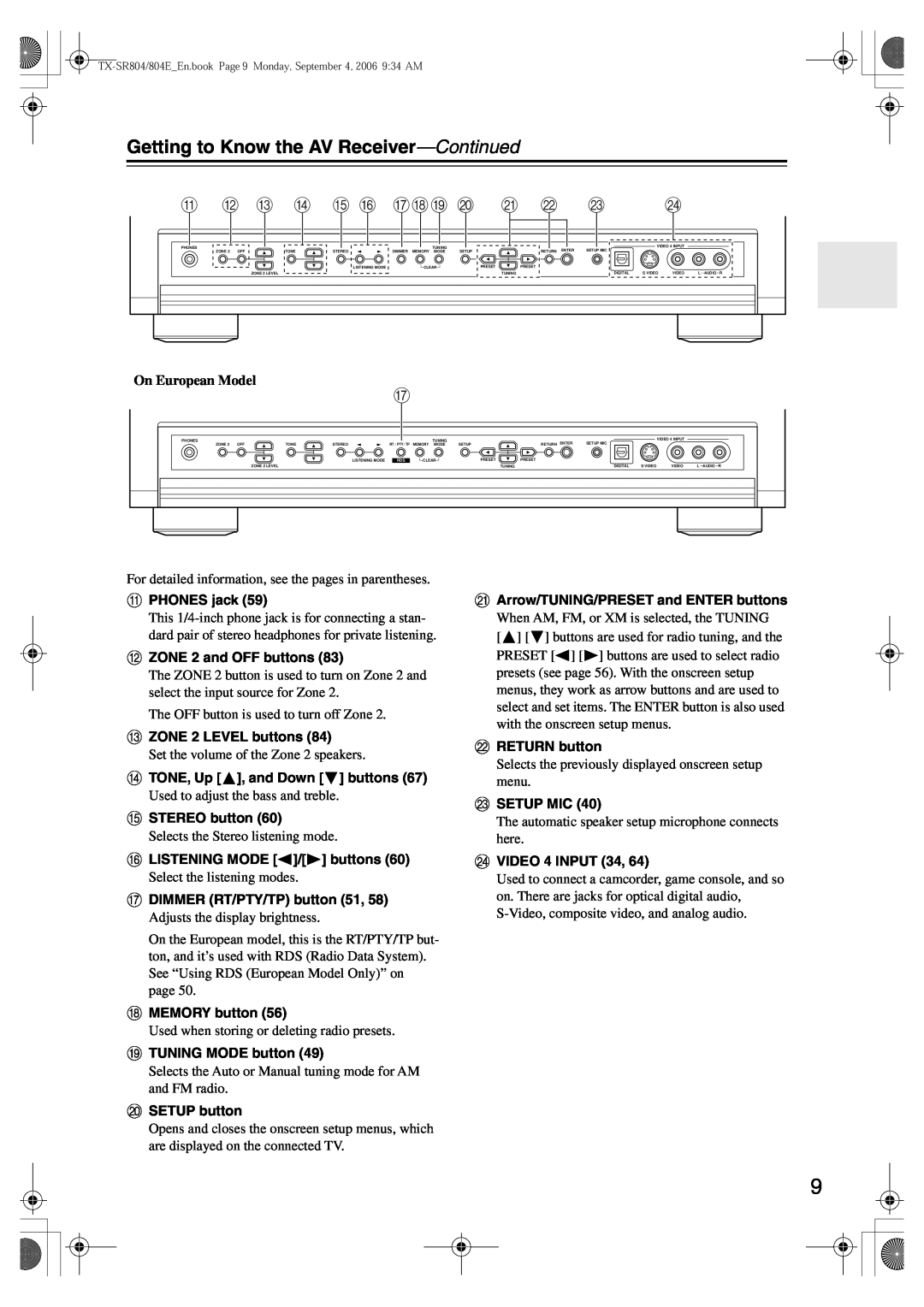 Onkyo TX-SR804E instruction manual Getting to Know the AV Receiver—Continued, K L M N O P Qrs T U V W, On European Model 