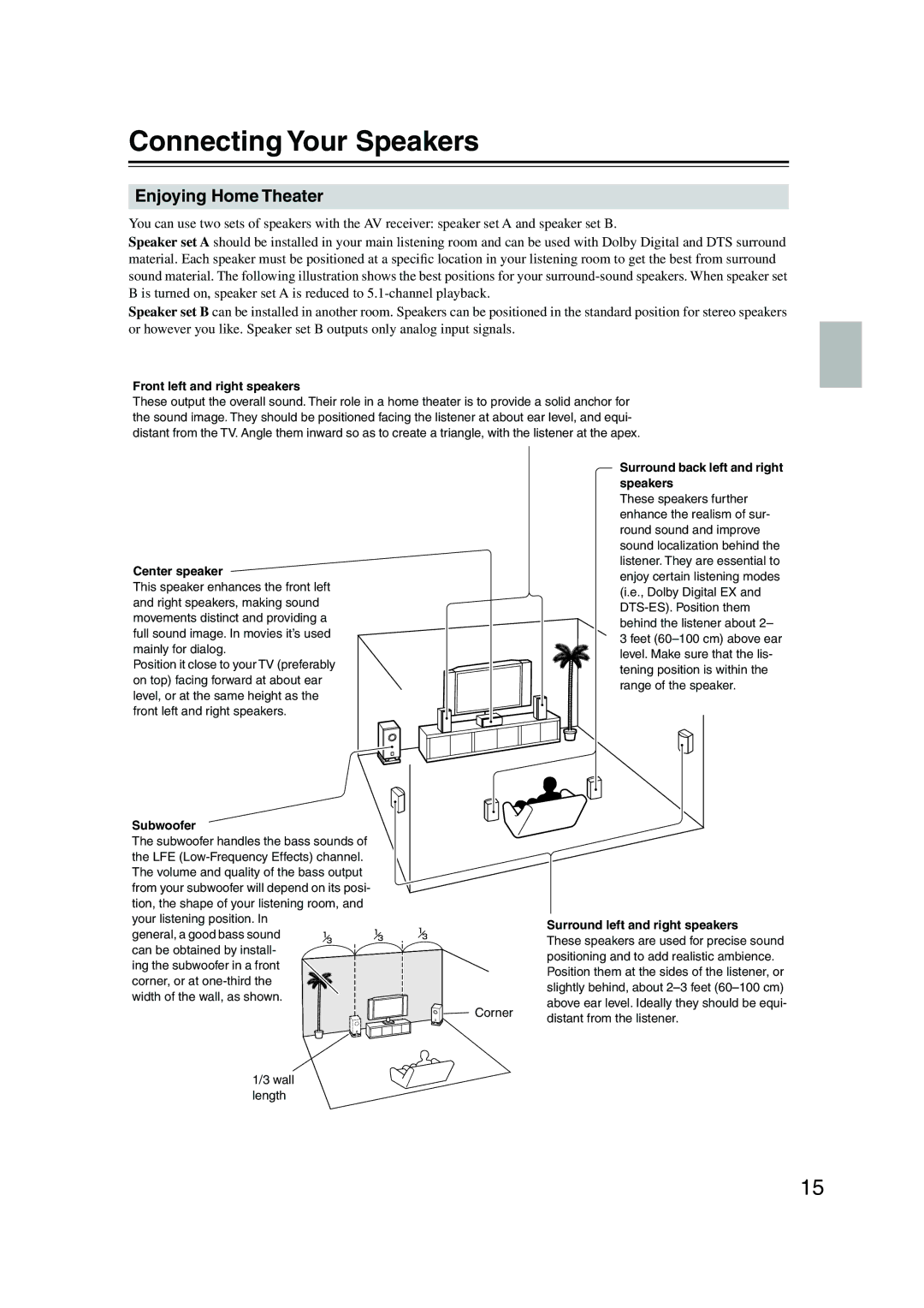 Onkyo TX-SR8350, TX-SR503E instruction manual Connecting Your Speakers, Enjoying Home Theater 