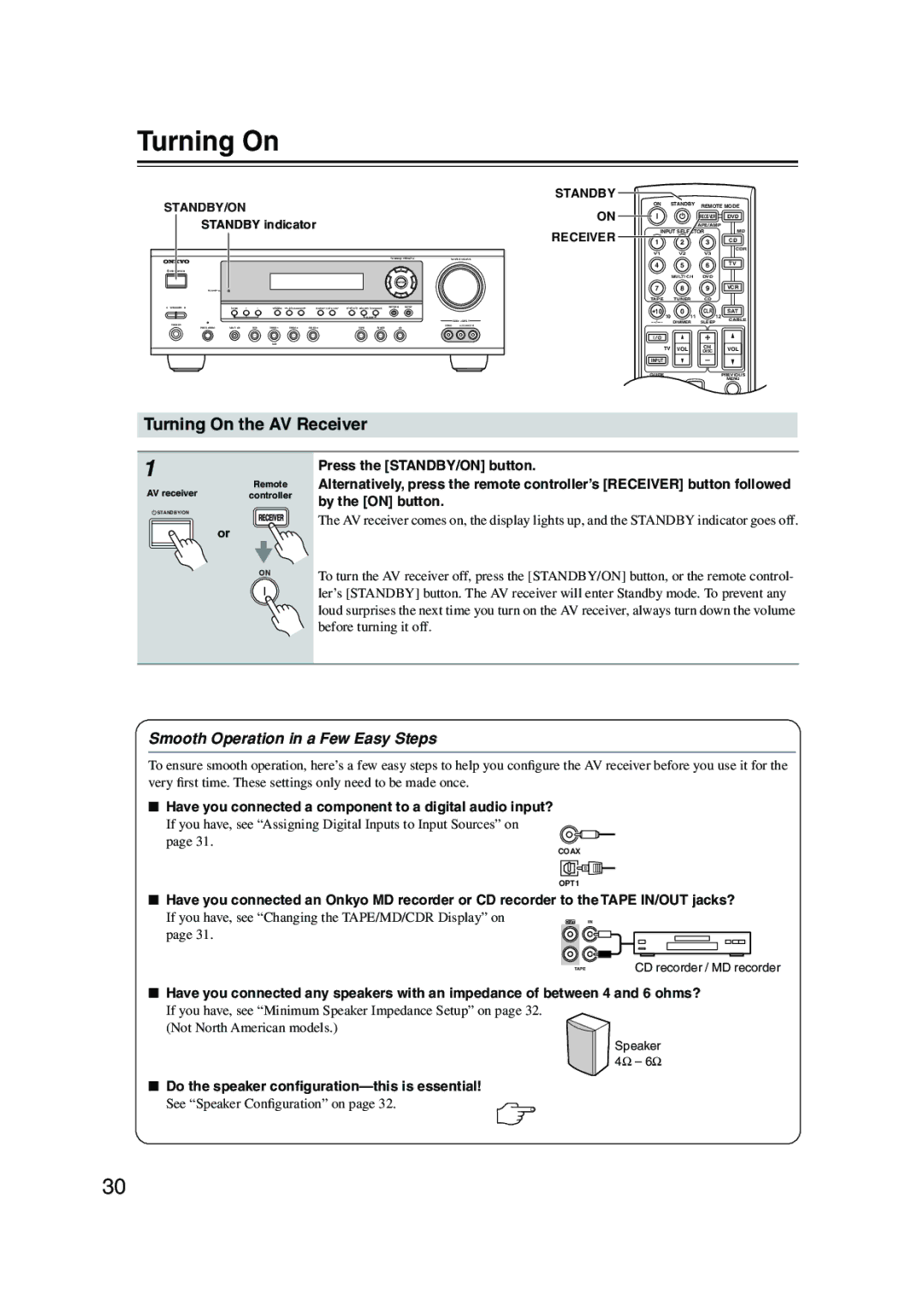 Onkyo TX-SR8350, TX-SR503E instruction manual Turning On the AV Receiver, Smooth Operation in a Few Easy Steps 