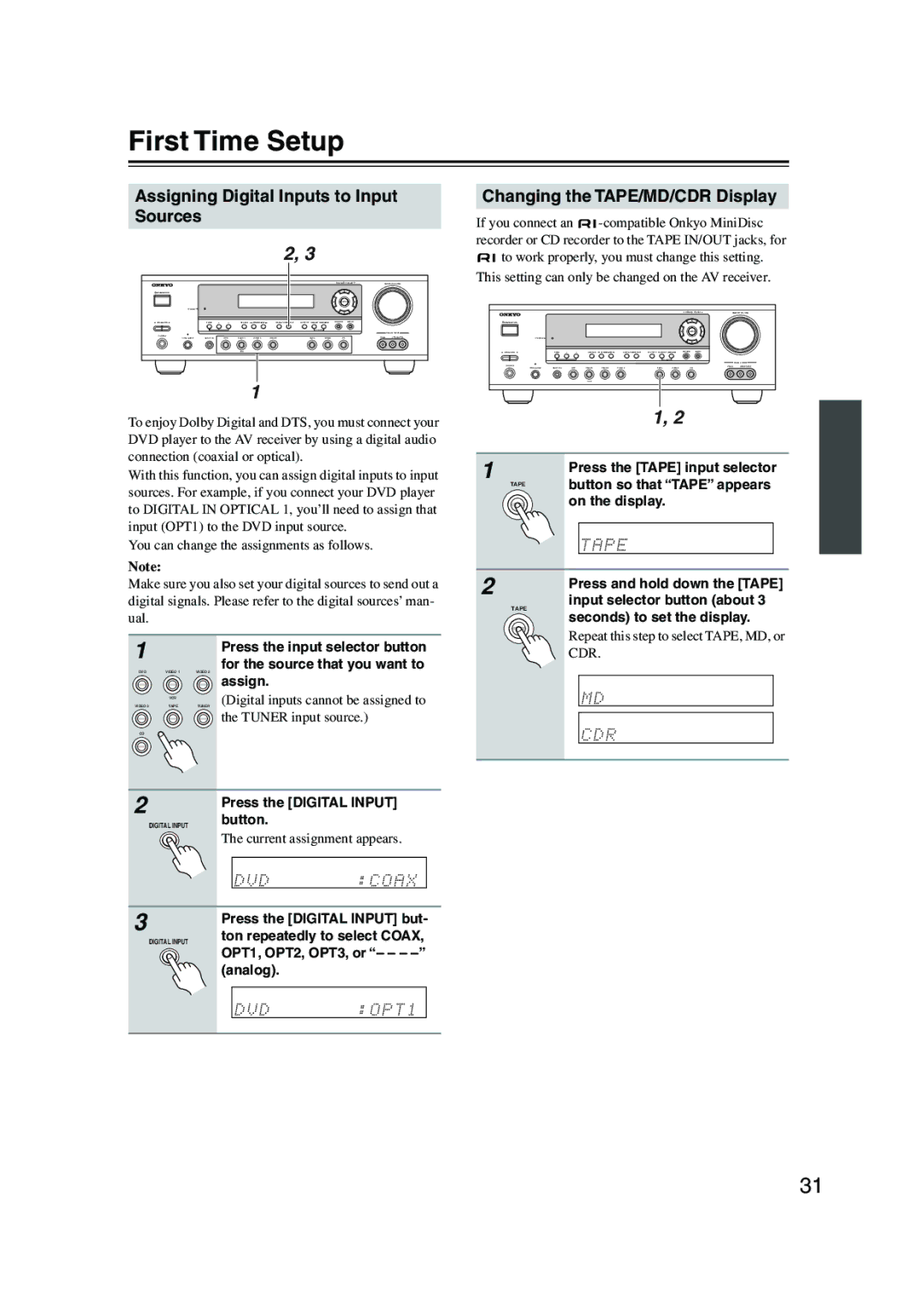 Onkyo TX-SR503, TX-SR8350 First Time Setup, Assigning Digital Inputs to Input Sources, Changing the TAPE/MD/CDR Display 