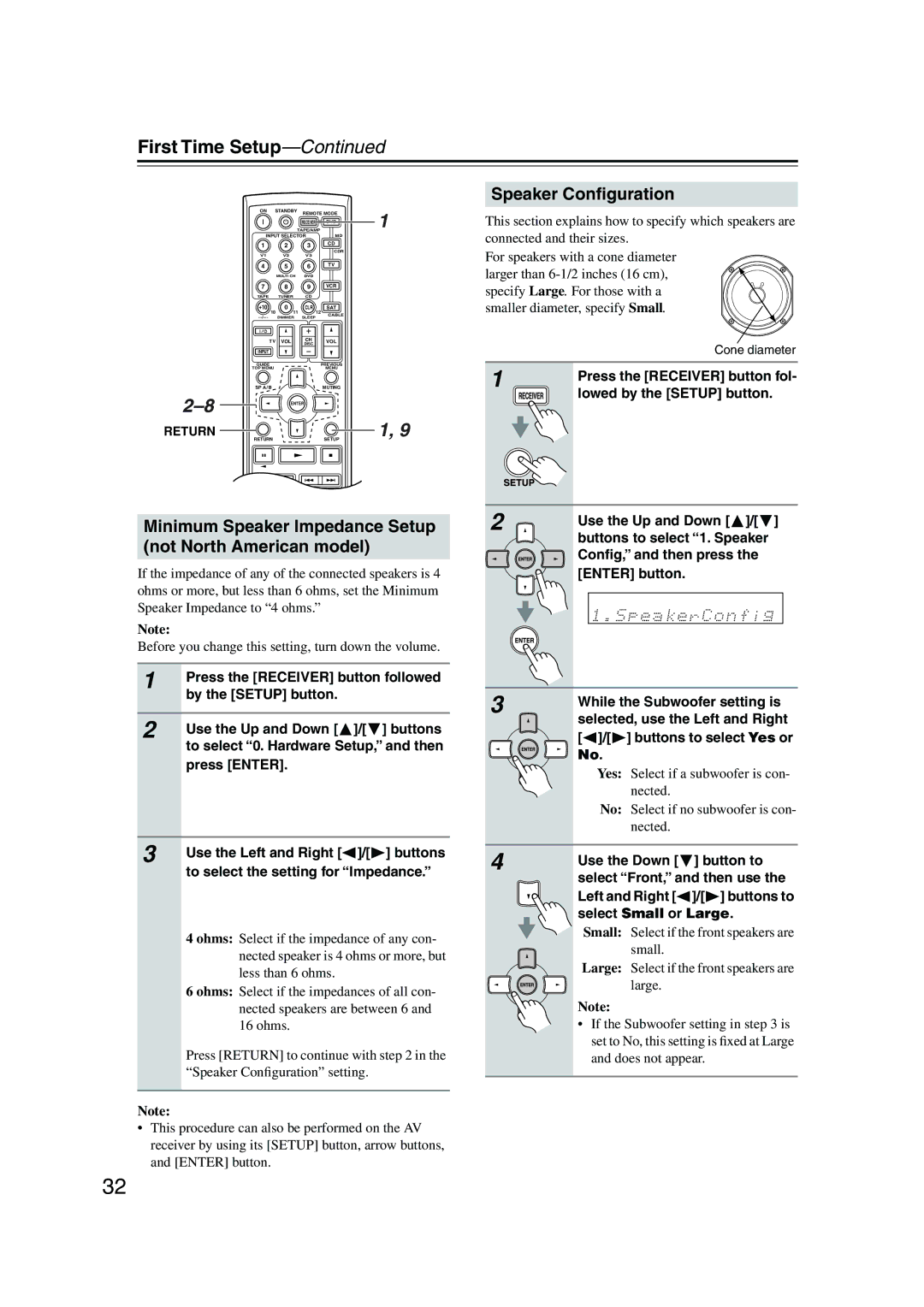 Onkyo TX-SR503E, TX-SR8350 instruction manual First Time Setup, Minimum Speaker Impedance Setup not North American model 