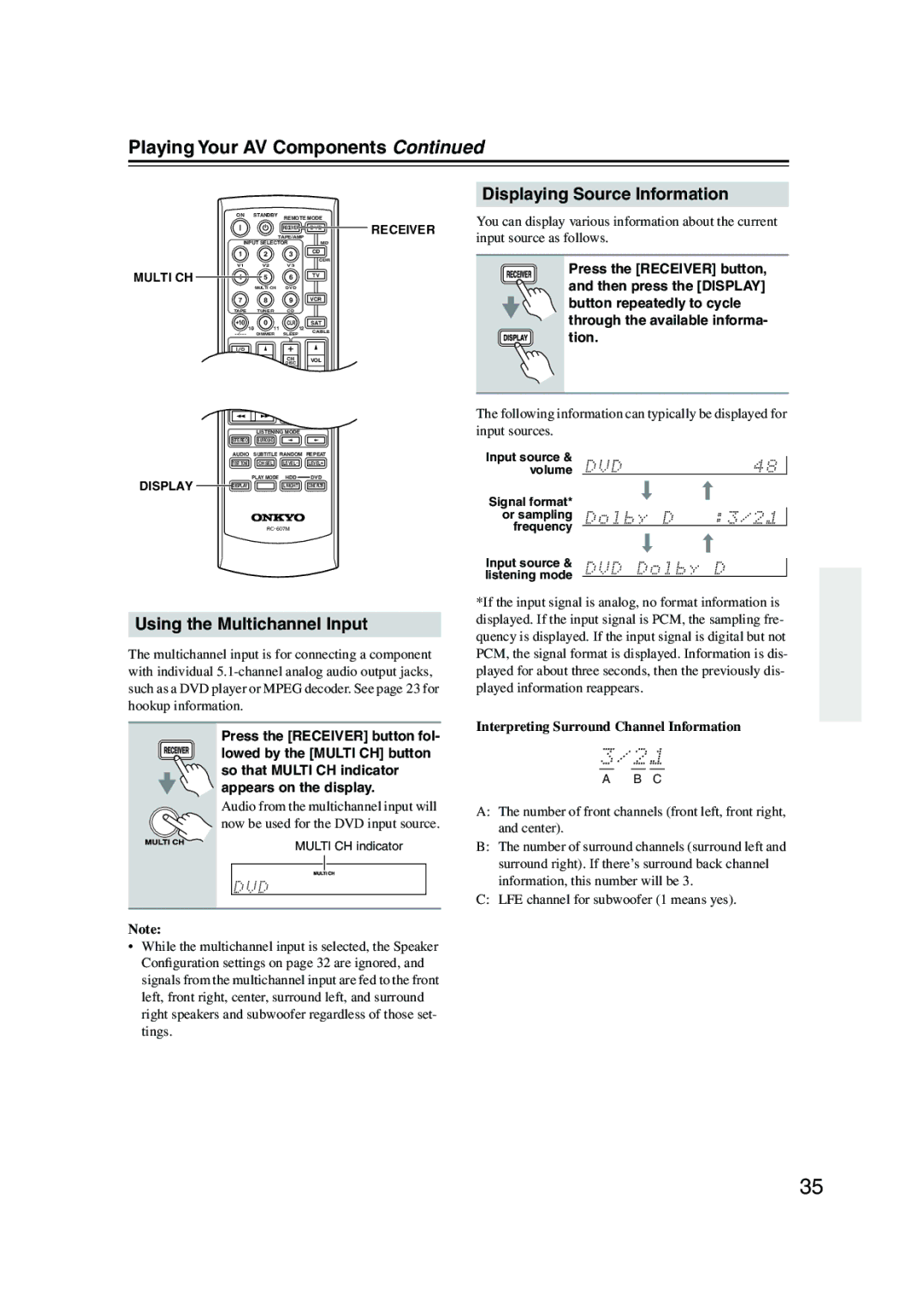 Onkyo TX-SR503E, TX-SR8350 Playing Your AV Components, Using the Multichannel Input, Displaying Source Information 