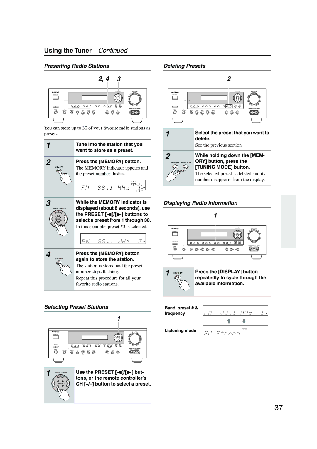 Onkyo TX-SR503, TX-SR8350 Using the Tuner, Presetting Radio Stations, Selecting Preset Stations, Deleting Presets 