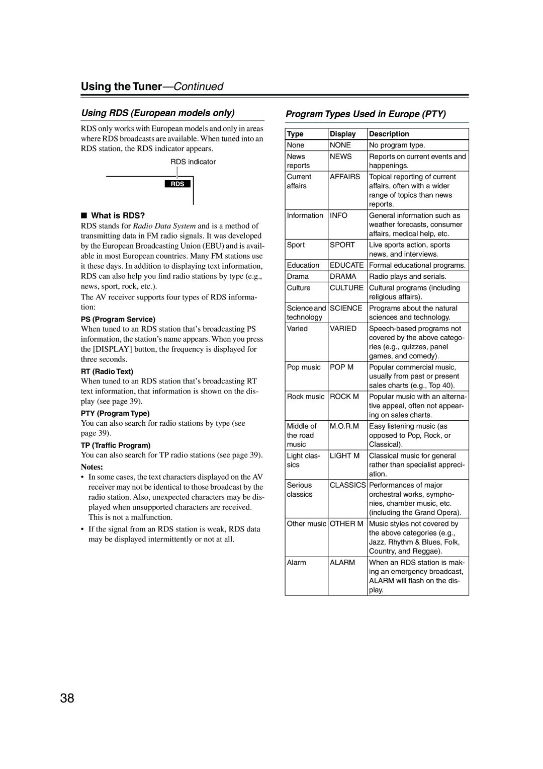 Onkyo TX-SR503E, TX-SR8350 instruction manual Using RDS European models only, Program Types Used in Europe PTY, What is RDS? 