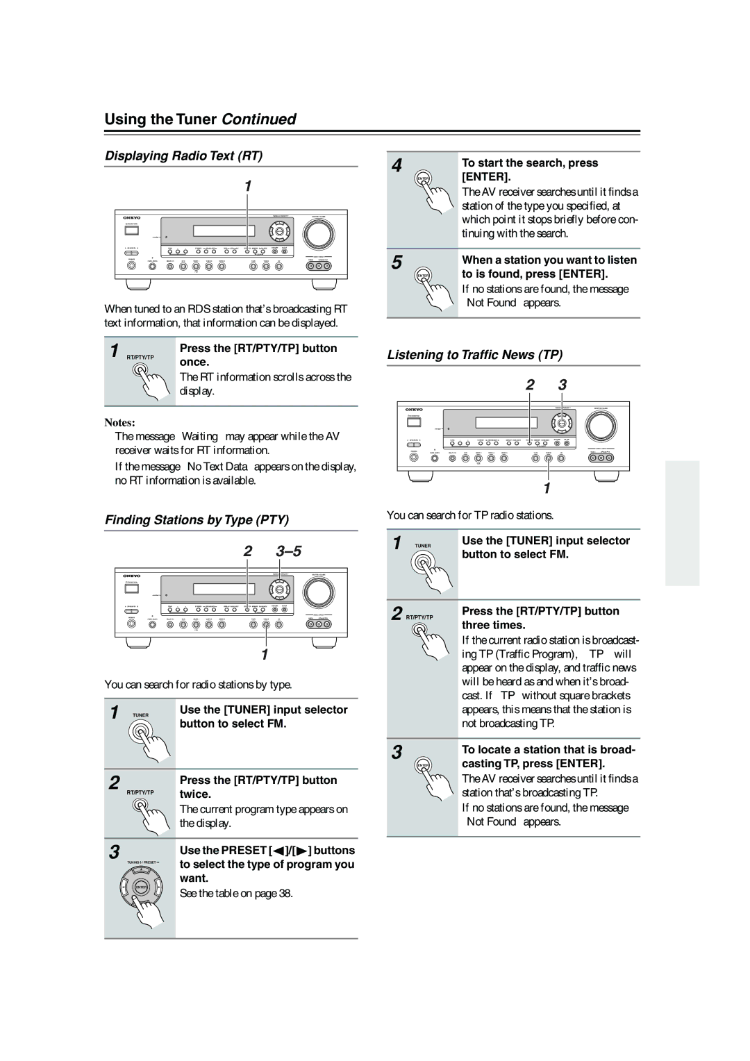 Onkyo TX-SR8350, TX-SR503 Displaying Radio Text RT, Finding Stations by Type PTY, Listening to Trafﬁc News TP, Enterenter 