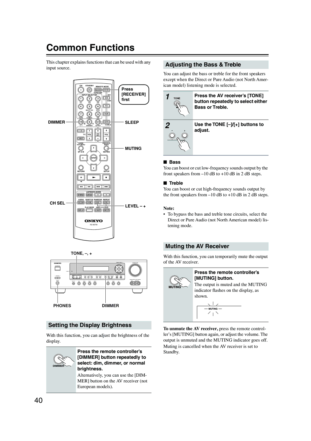 Onkyo TX-SR503 Common Functions, Adjusting the Bass & Treble, Muting the AV Receiver, Setting the Display Brightness 