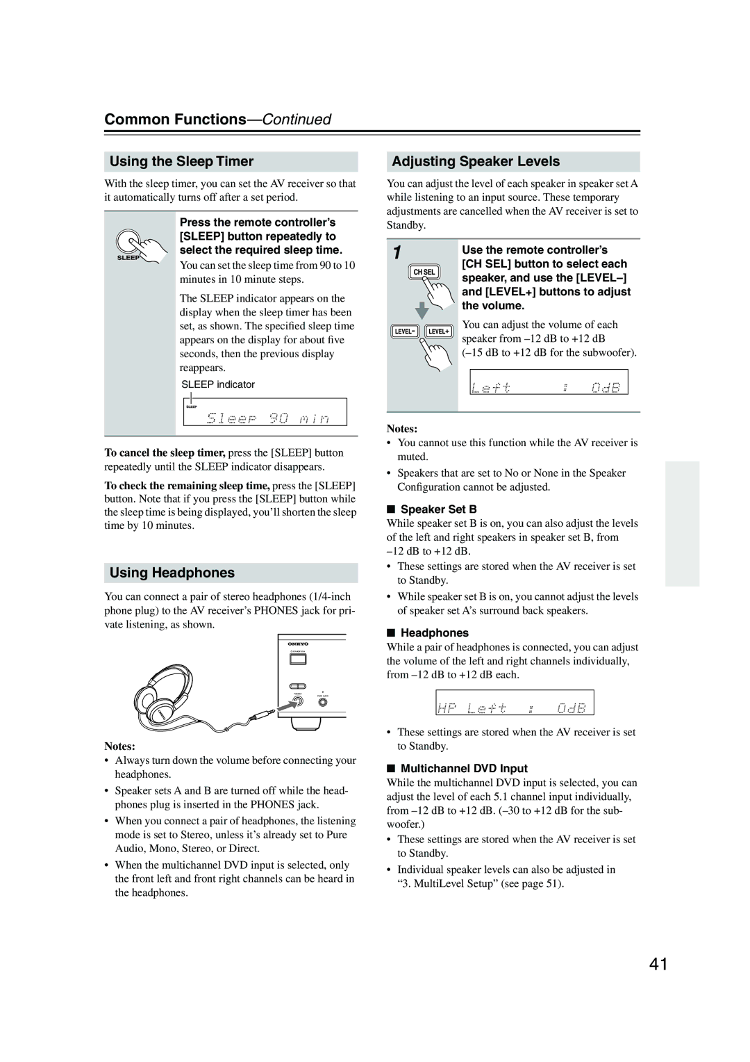 Onkyo TX-SR503E, TX-SR8350 Common Functions, Using the Sleep Timer, Using Headphones, Adjusting Speaker Levels 