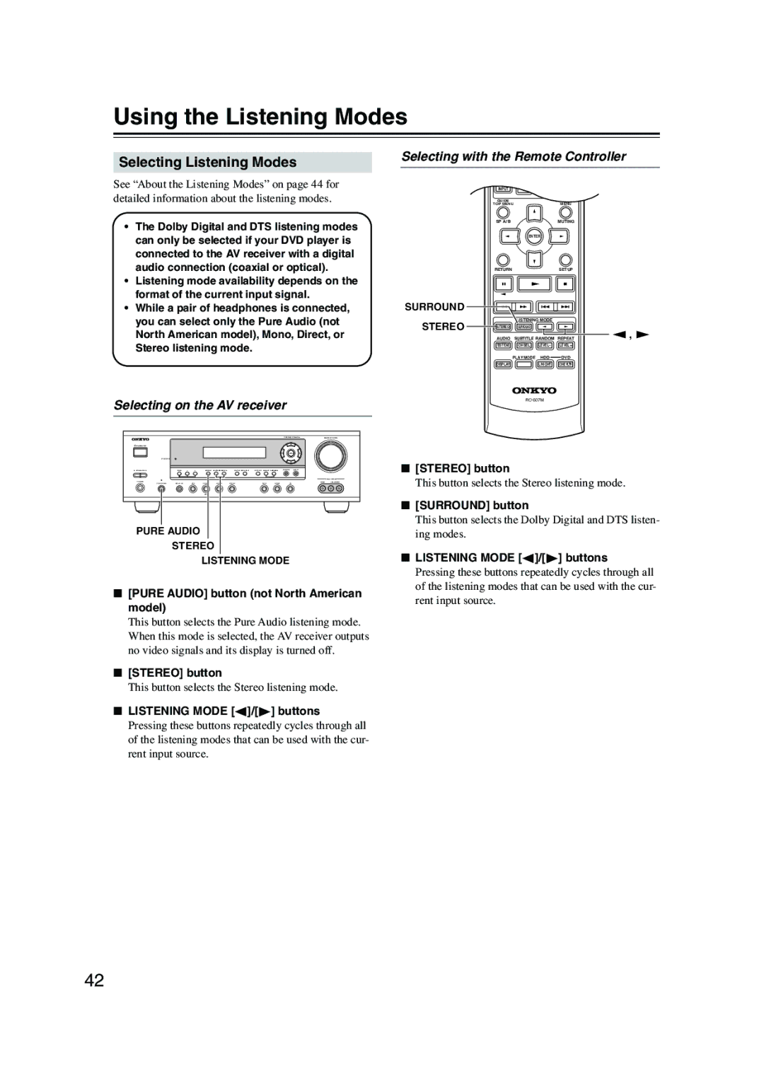 Onkyo TX-SR8350, TX-SR503E instruction manual Using the Listening Modes, Selecting Listening Modes 