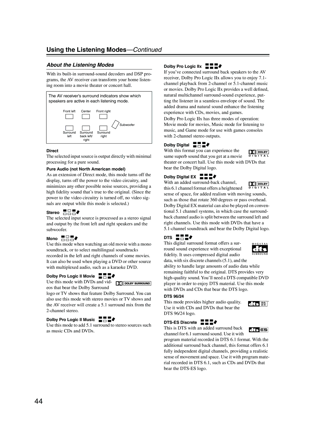 Onkyo TX-SR503E, TX-SR8350 instruction manual About the Listening Modes 