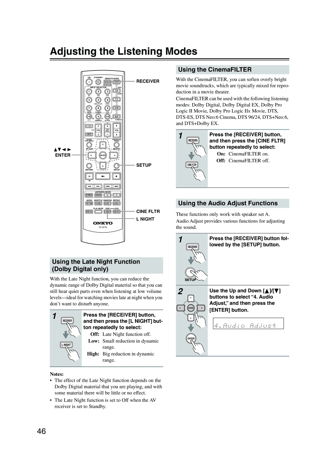 Onkyo TX-SR503 Adjusting the Listening Modes, Using the Late Night Function Dolby Digital only, Using the CinemaFILTER 
