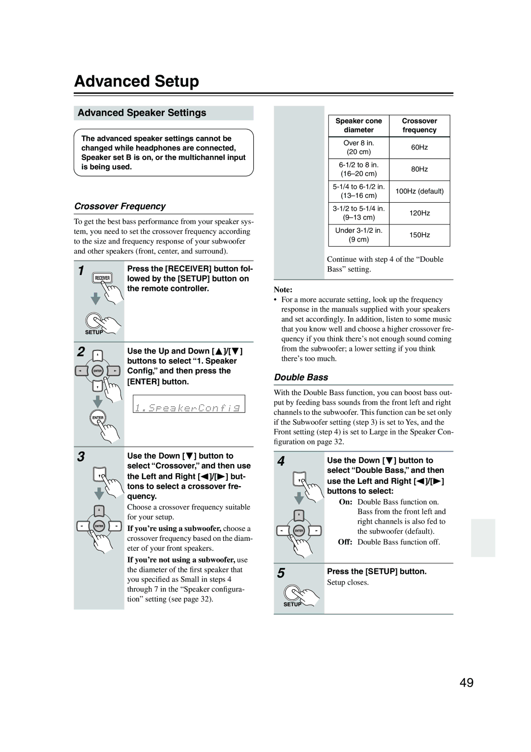 Onkyo TX-SR8350, TX-SR503E instruction manual Advanced Setup, Advanced Speaker Settings, Crossover Frequency, Double Bass 