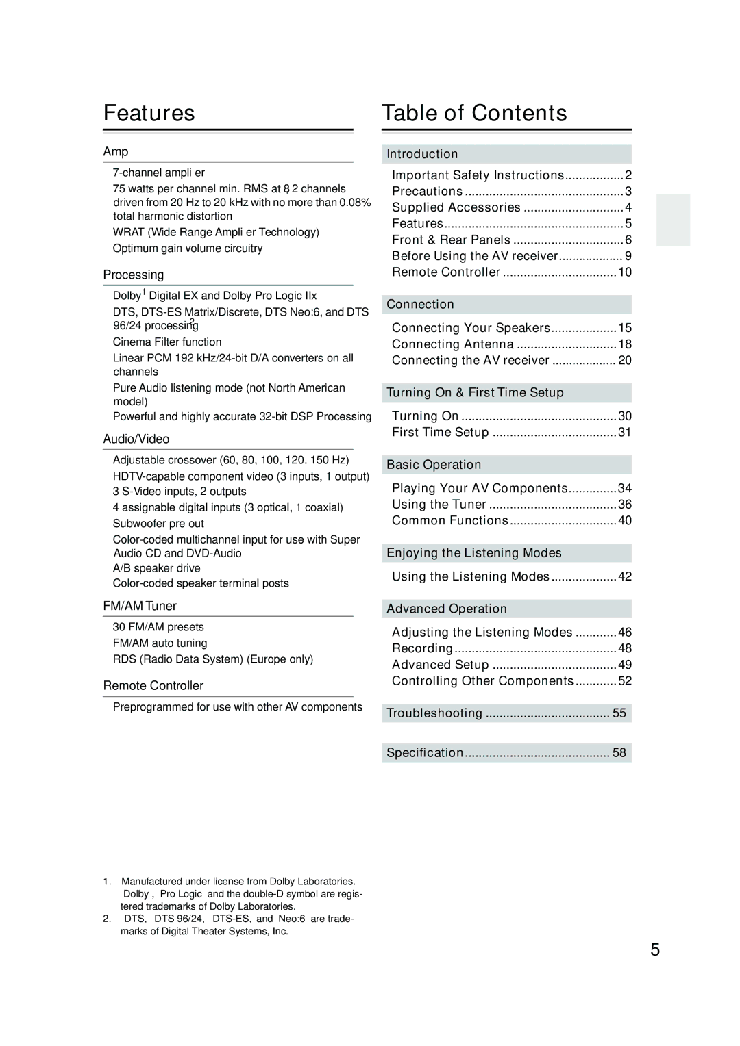 Onkyo TX-SR503E, TX-SR8350 instruction manual Features, Table of Contents 