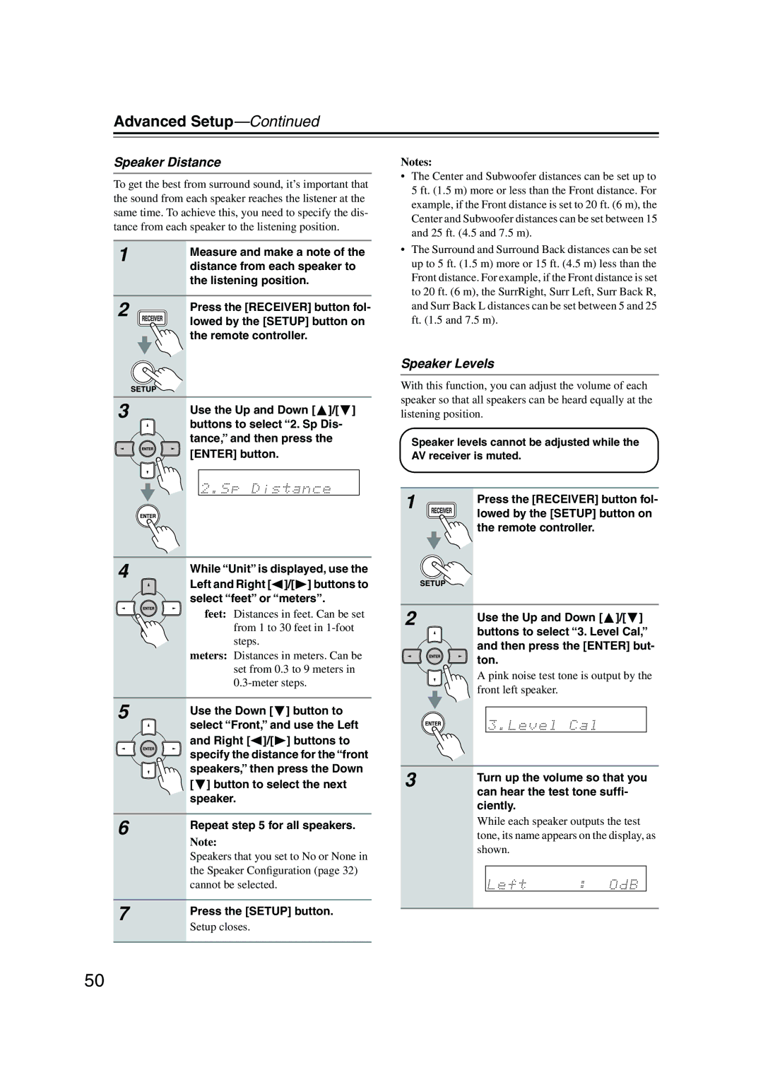 Onkyo TX-SR503E, TX-SR8350 instruction manual Advanced Setup, Speaker Distance, Speaker Levels, Right Buttons to 
