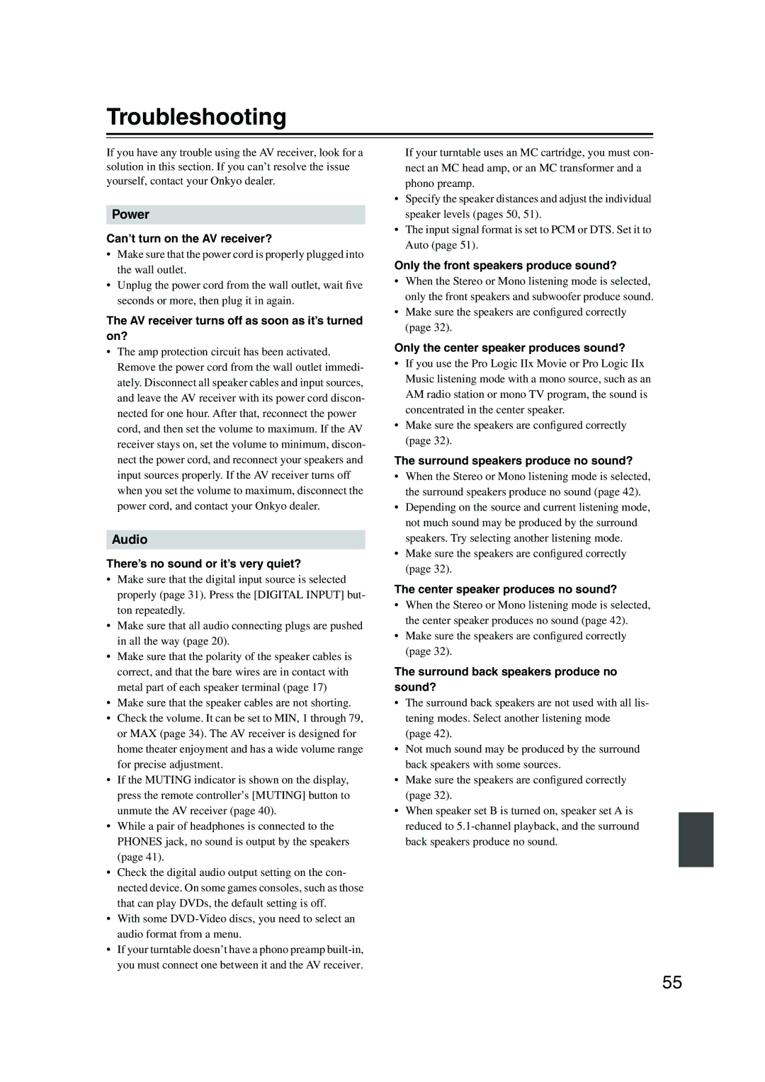 Onkyo TX-SR8350, TX-SR503E instruction manual Troubleshooting 