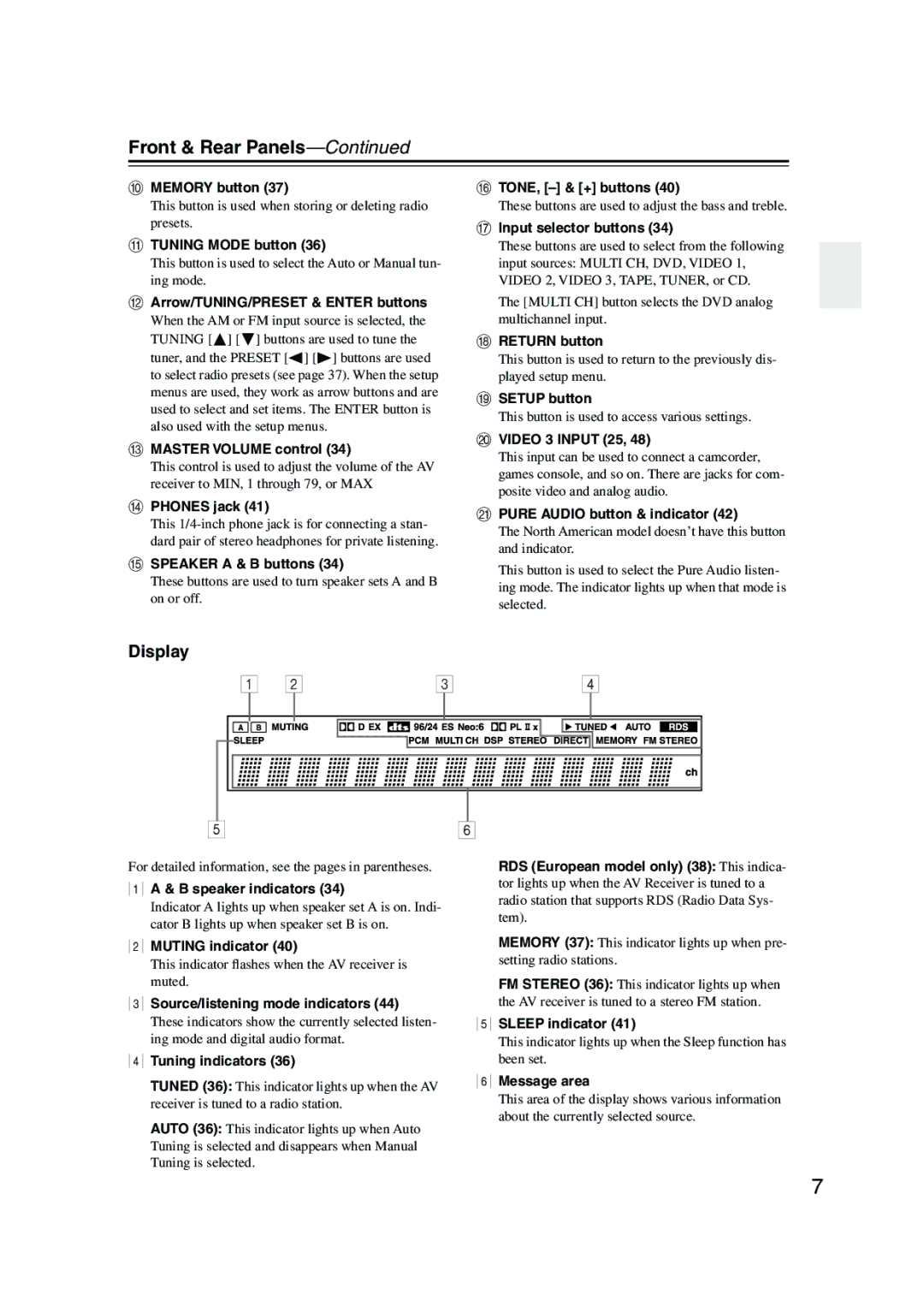 Onkyo TX-SR8350, TX-SR503E instruction manual Front & Rear Panels, Display 