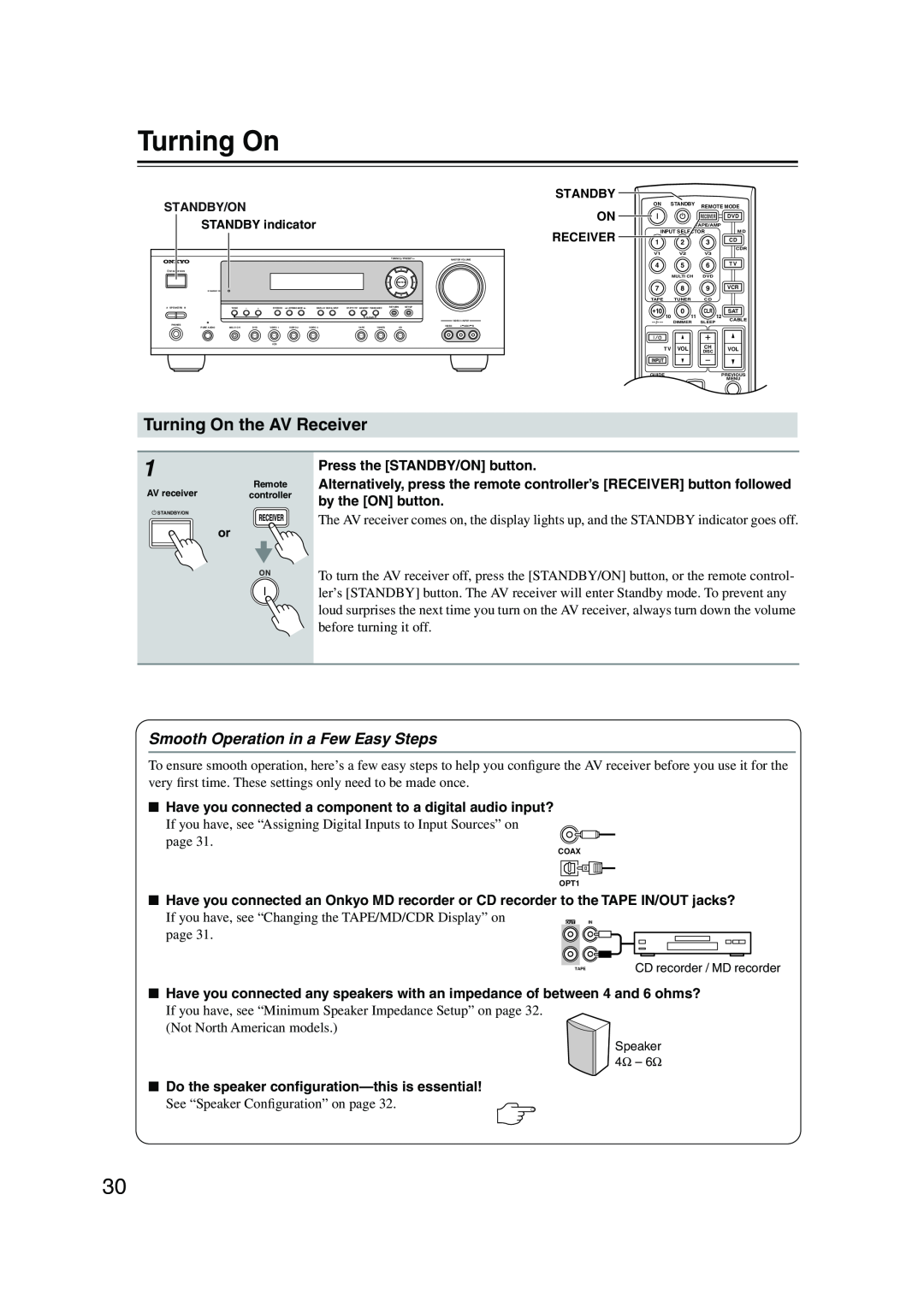 Onkyo TX-SR8350, TX-SR503E instruction manual Turning On the AV Receiver, Smooth Operation in a Few Easy Steps 