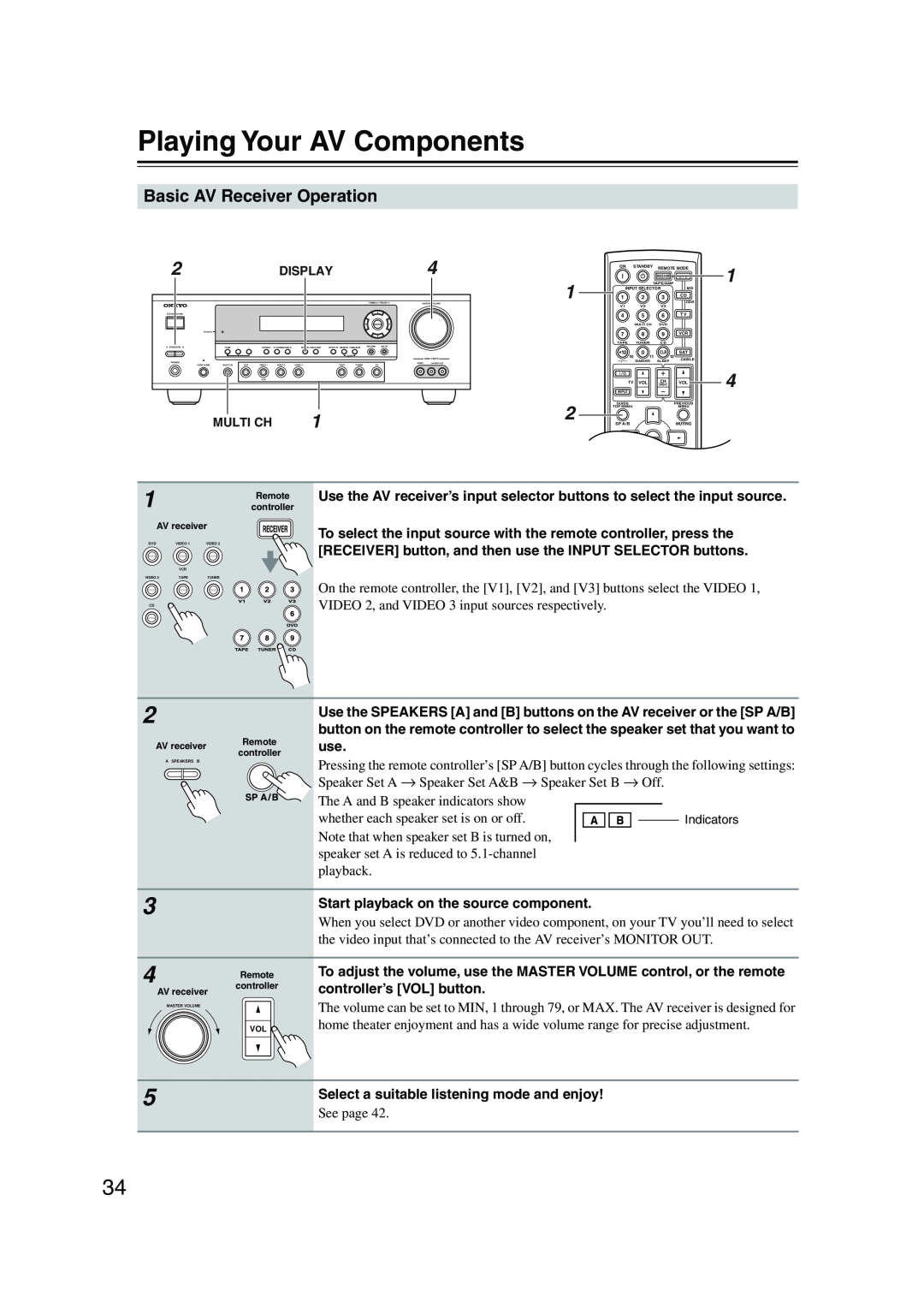 Onkyo TX-SR8350, TX-SR503E instruction manual Playing Your AV Components, Basic AV Receiver Operation 