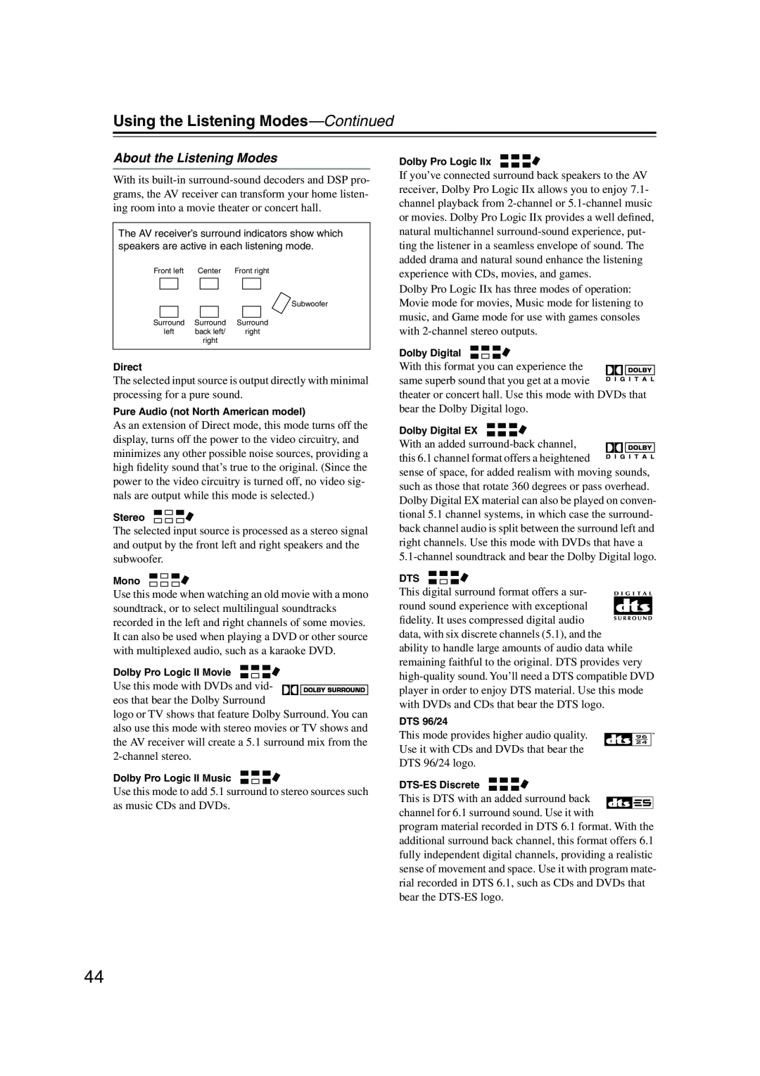 Onkyo TX-SR503E, TX-SR8350 instruction manual About the Listening Modes, Using the Listening Modes—Continued 