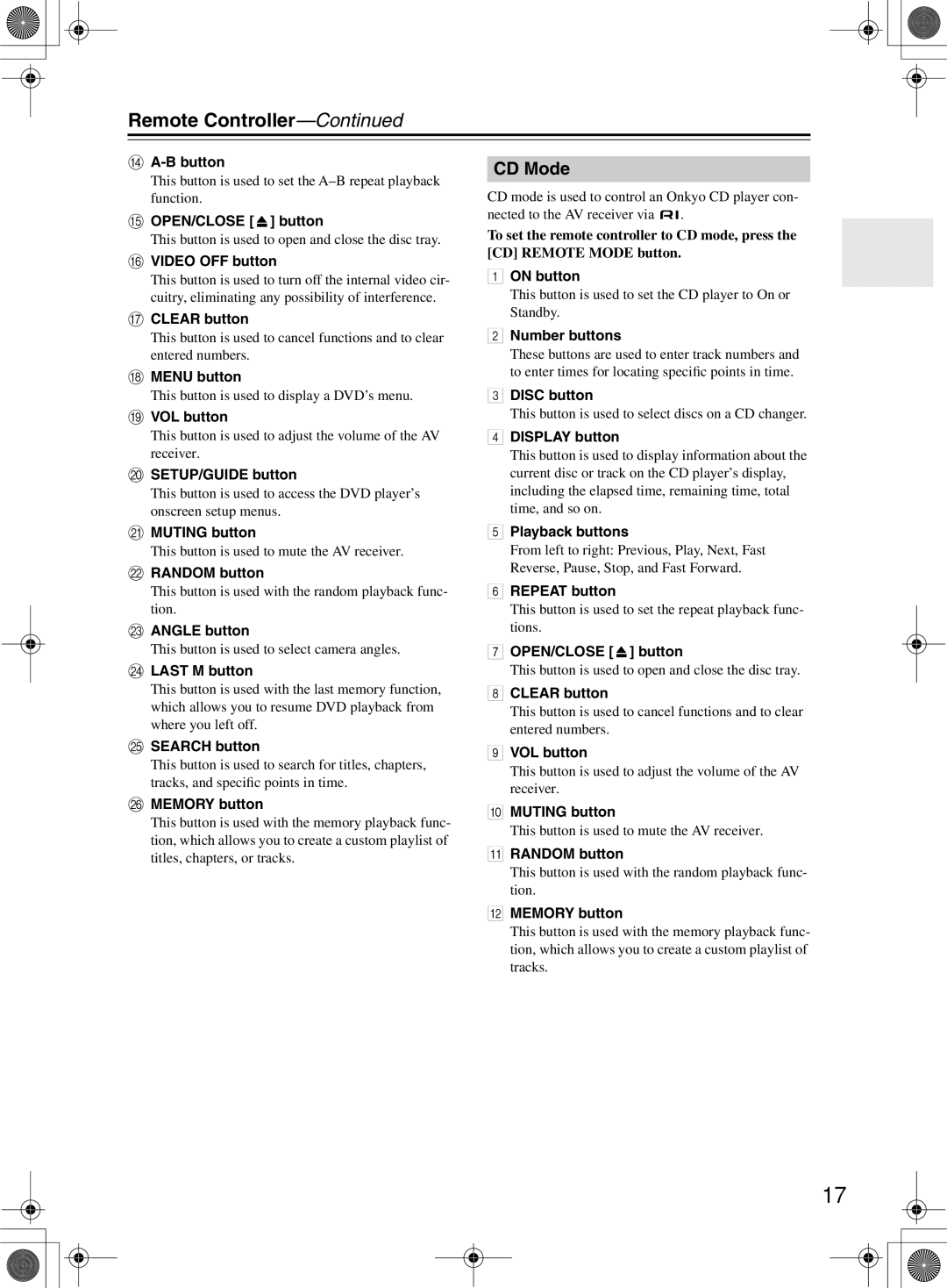 Onkyo TX-SR603/603E, TX-SR8360 instruction manual CD Mode 