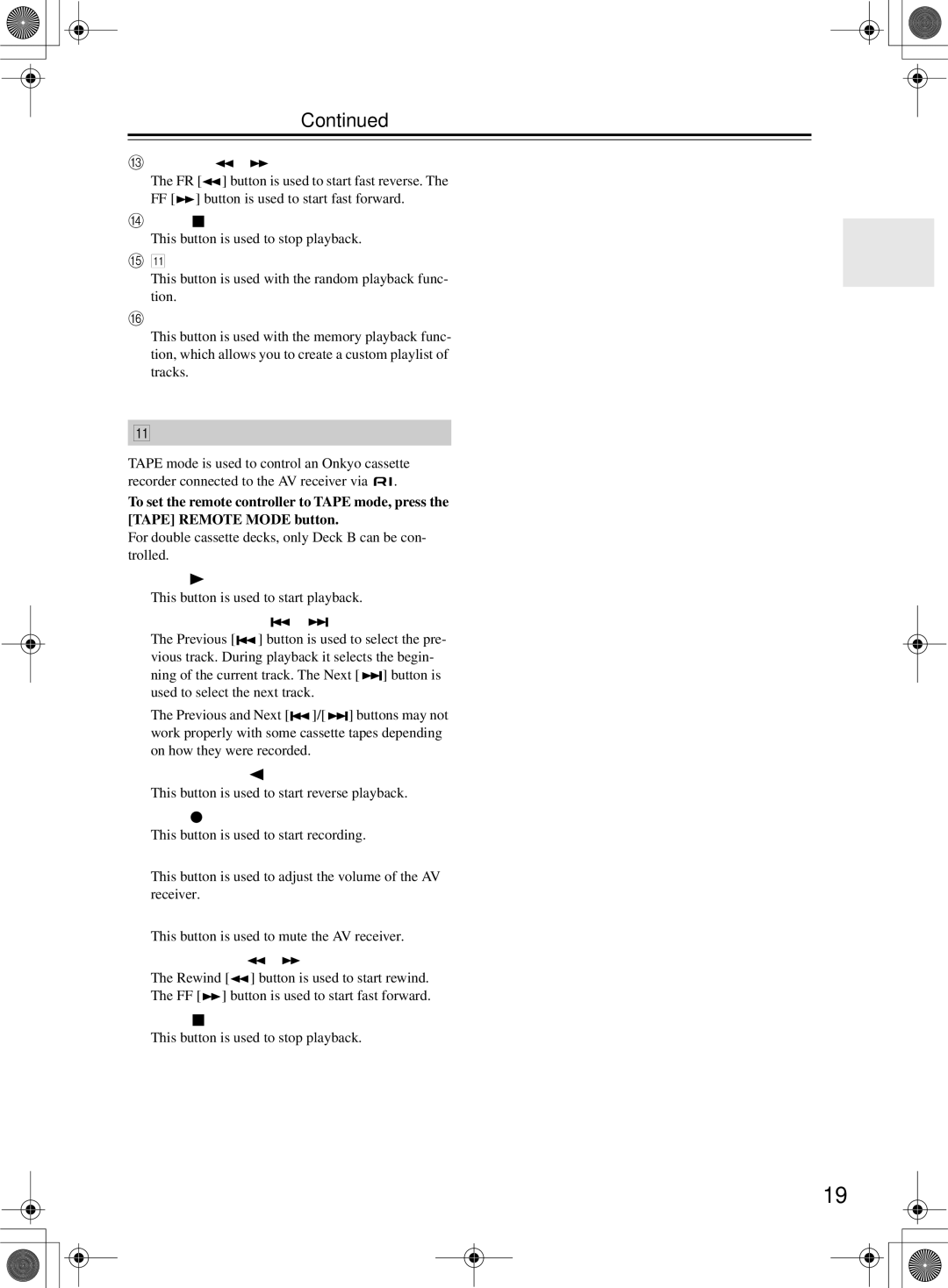 Onkyo TX-SR603/603E, TX-SR8360 instruction manual Tape Mode 