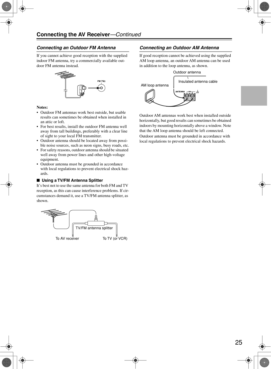 Onkyo TX-SR603/603E Connecting an Outdoor FM Antenna, Connecting an Outdoor AM Antenna, Using a TV/FM Antenna Splitter 