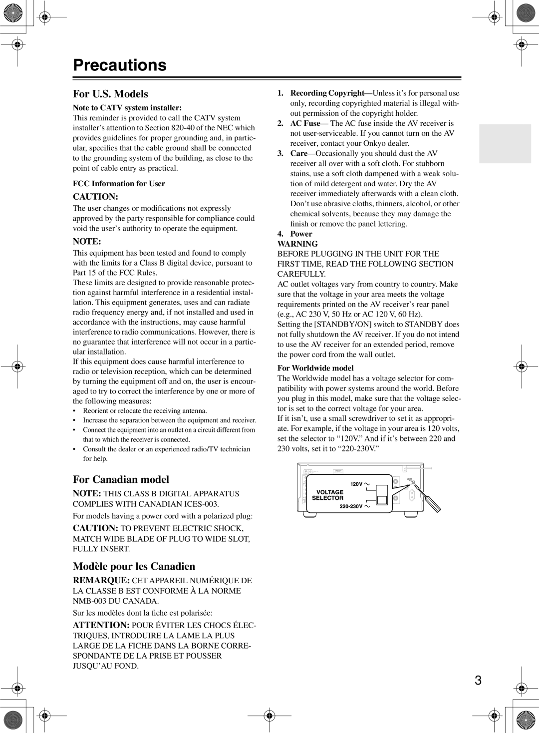 Onkyo TX-SR603/603E Precautions, FCC Information for User, For models having a power cord with a polarized plug, Power 