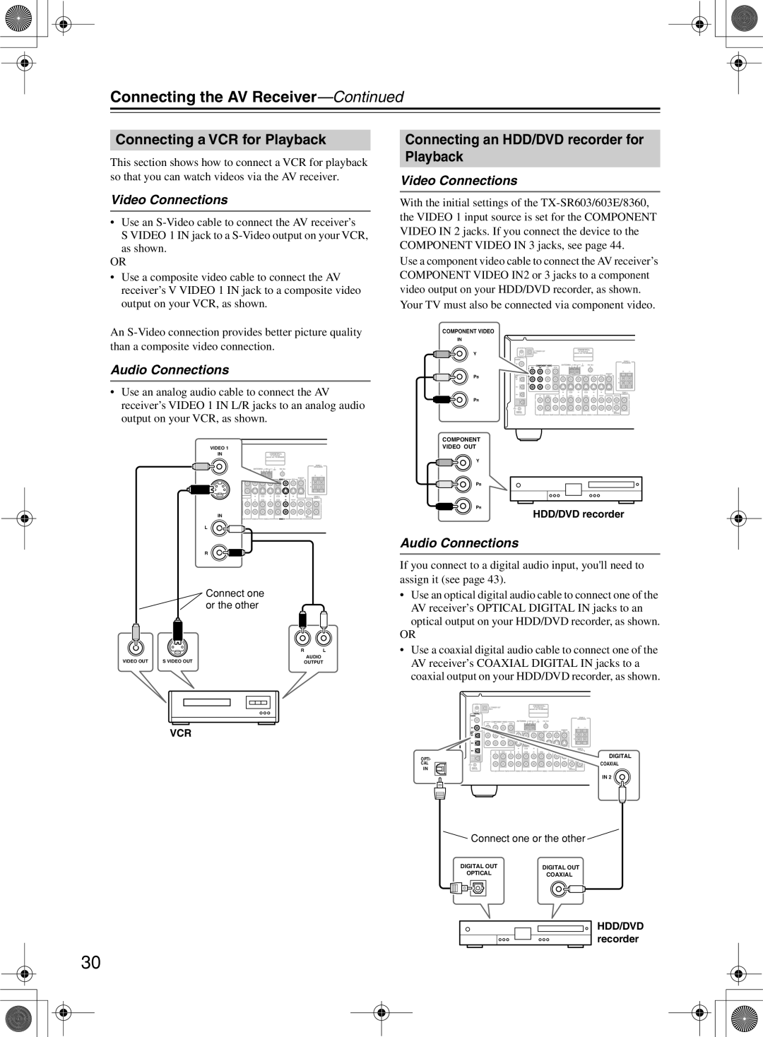 Onkyo TX-SR8360, TX-SR603/603E instruction manual Connecting a VCR for Playback, Connecting an HDD/DVD recorder for Playback 